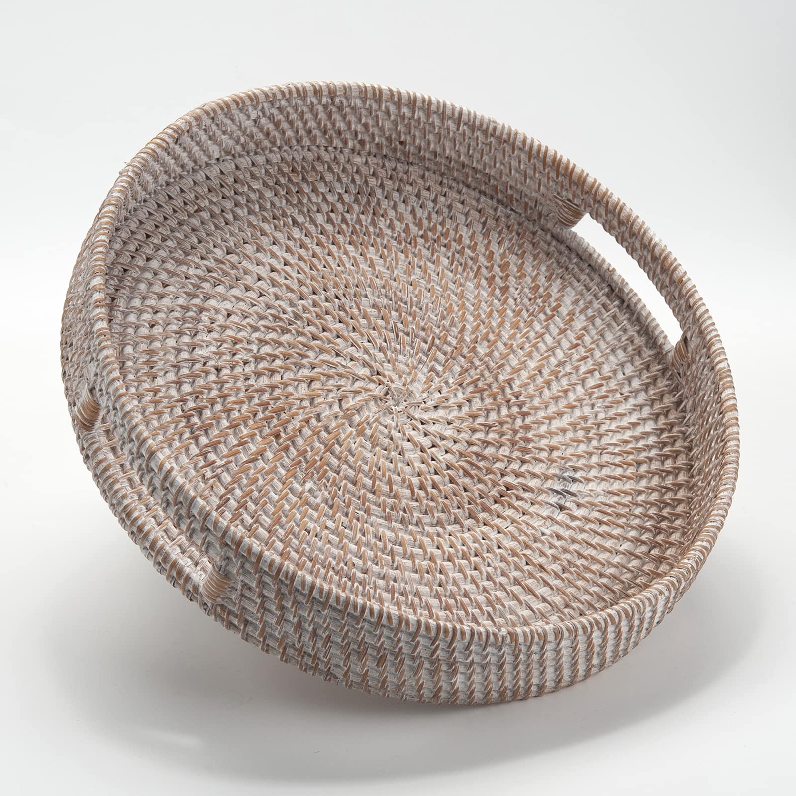 Round Rattan Serving Tray Decorative Woven Ottoman Trays with Handles for Coffee Table Natural (Small 11.8 inch x 2 inch)