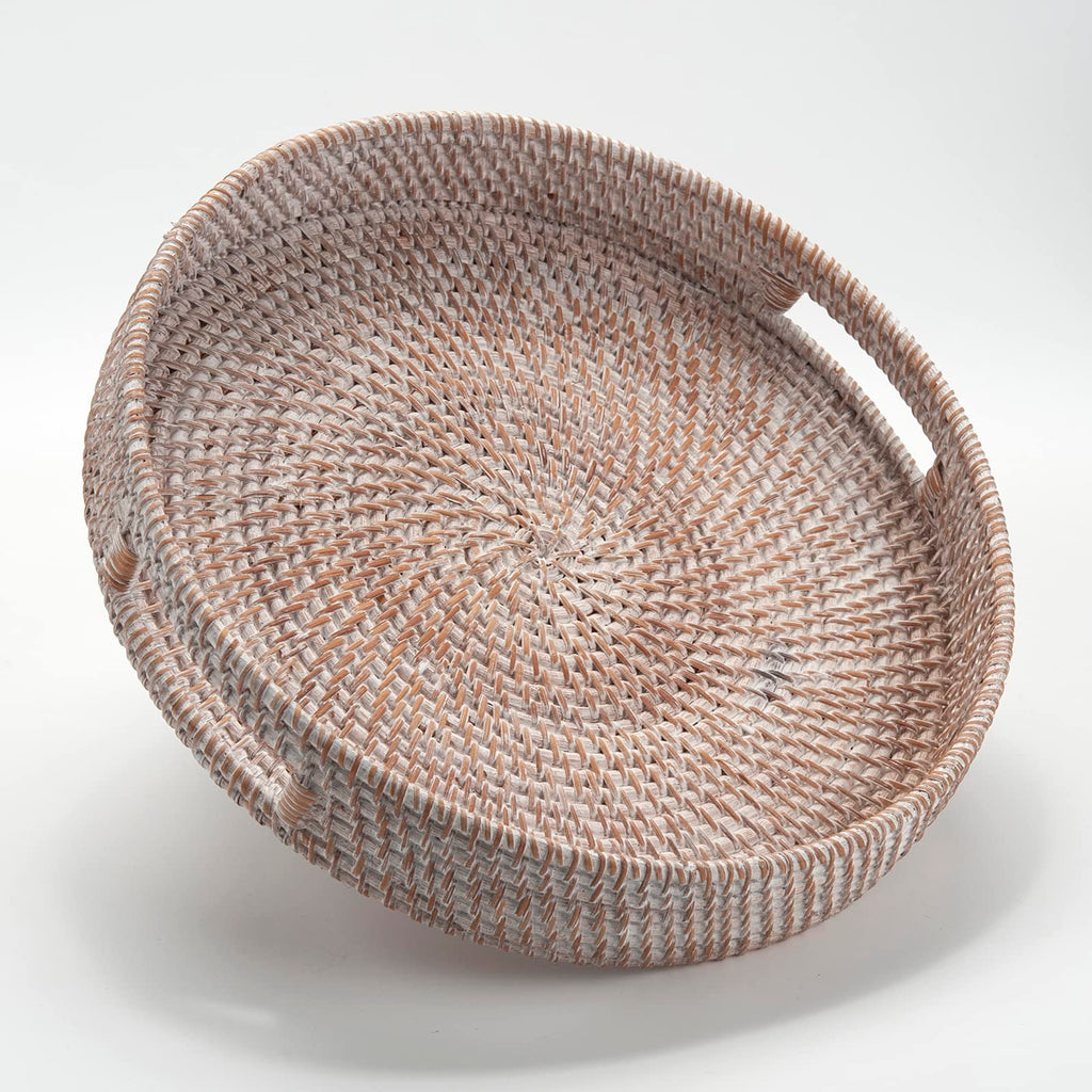 Round Rattan Serving Tray Decorative Woven Ottoman Trays with Handles for Coffee Table Natural (Small 11.8 inch x 2 inch)