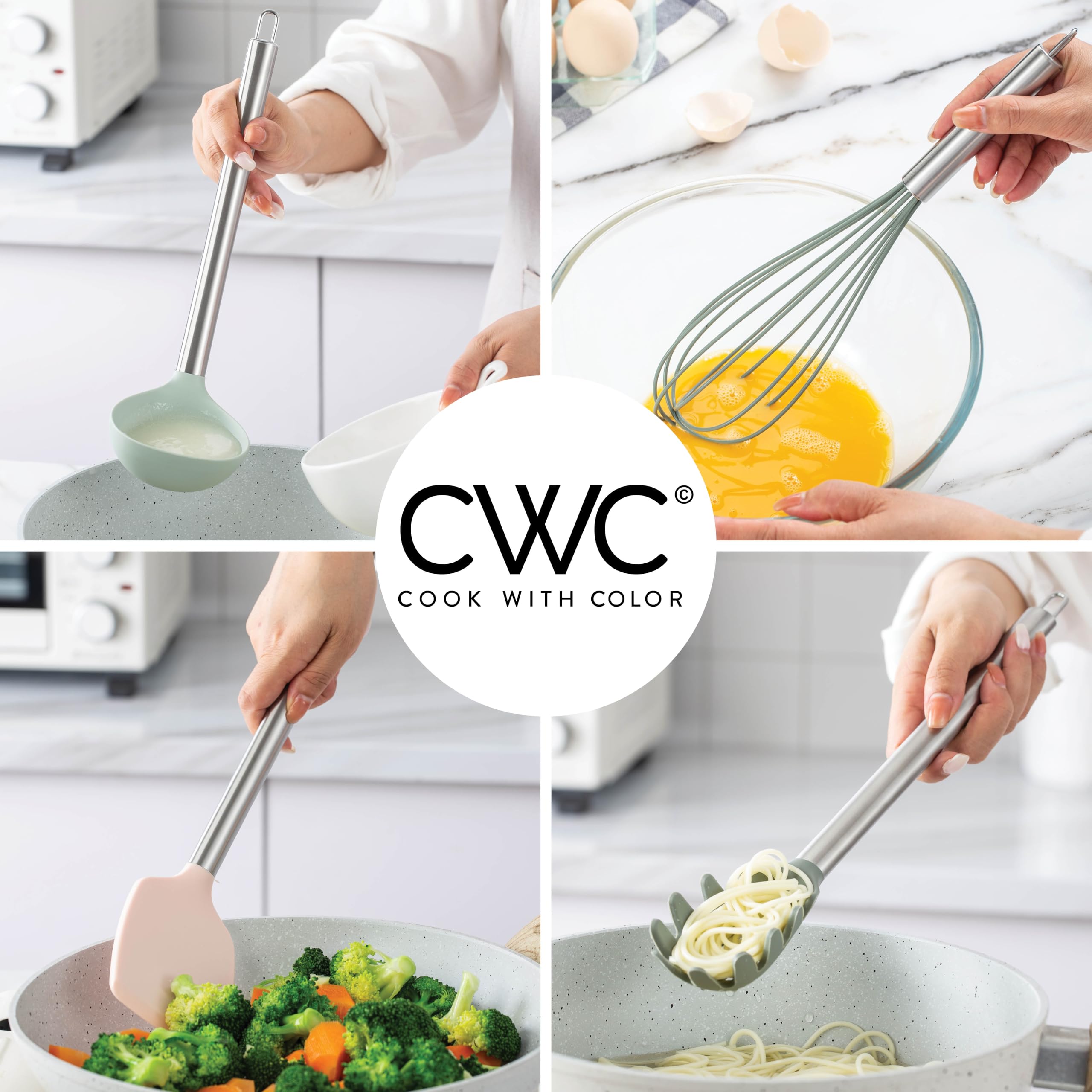 COOK WITH COLOR Silicone Cooking Utensils, Kitchen Utensil Set, Easy to Clean Silicone Kitchen Utensils, Cooking Utensils for Nonstick Cookware, Kitchen Gadgets Set with Holder, 10 Pieces