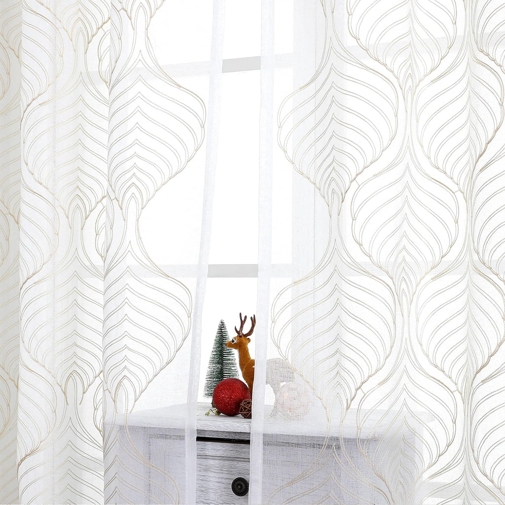 VISIONTEX Sheer Curtains 63 Inches Long 2 Panels Set, Beige and Ivory Moroccan Embroidery Texture Geometric Rod Pocket White Voile Tulle Semi Window Treatment Pair for Bedroom, W54 x L63