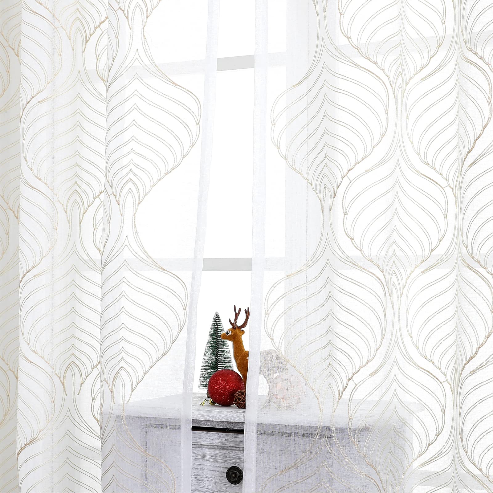 VISIONTEX Sheer Curtains 63 Inches Long 2 Panels Set, Beige and Ivory Moroccan Embroidery Texture Geometric Rod Pocket White Voile Tulle Semi Window Treatment Pair for Bedroom, W54 x L63