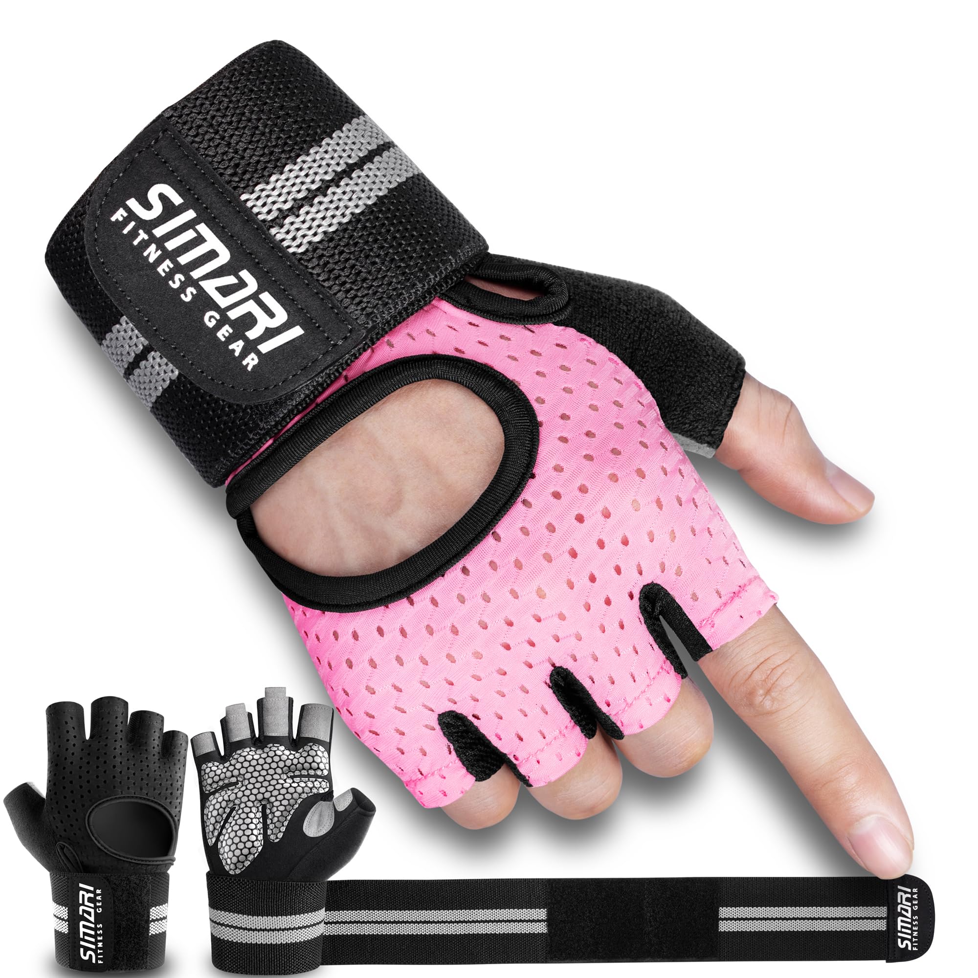 SIMARI Breathable Workout Gloves for Men Women, Padded Weight Lifting Gloves with Wrist Wraps Support, Full Palm Protection, Grip for Gym Training, Fitness, Weightlifting, Exercise Fingerless Black
