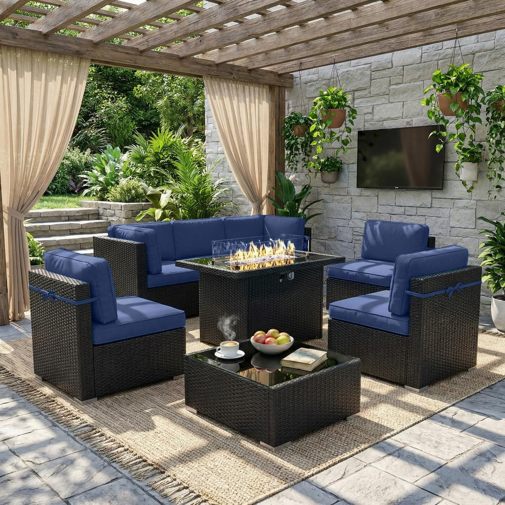 LayinSun 7 Pieces Outdoor Patio Furniture Set with 44" Fire Pit Table Rattan Sectional Sofa Conversation Sets