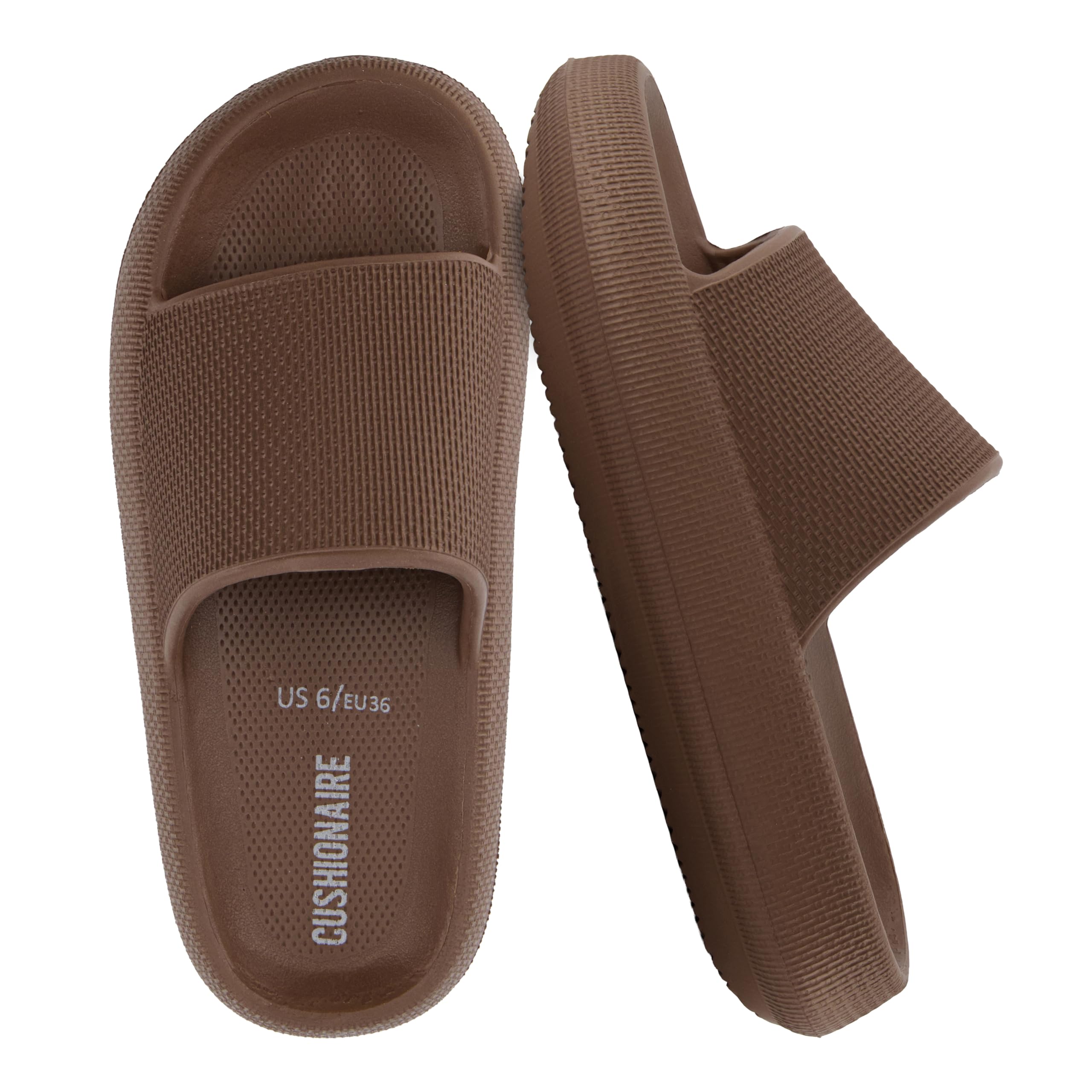 CUSHIONAIRE Feather EVA Slides for Women – Comfortable Slip On Womens Slippers, Indoor Outdoor Shower Shoes, Beach Essential Cloud Slides