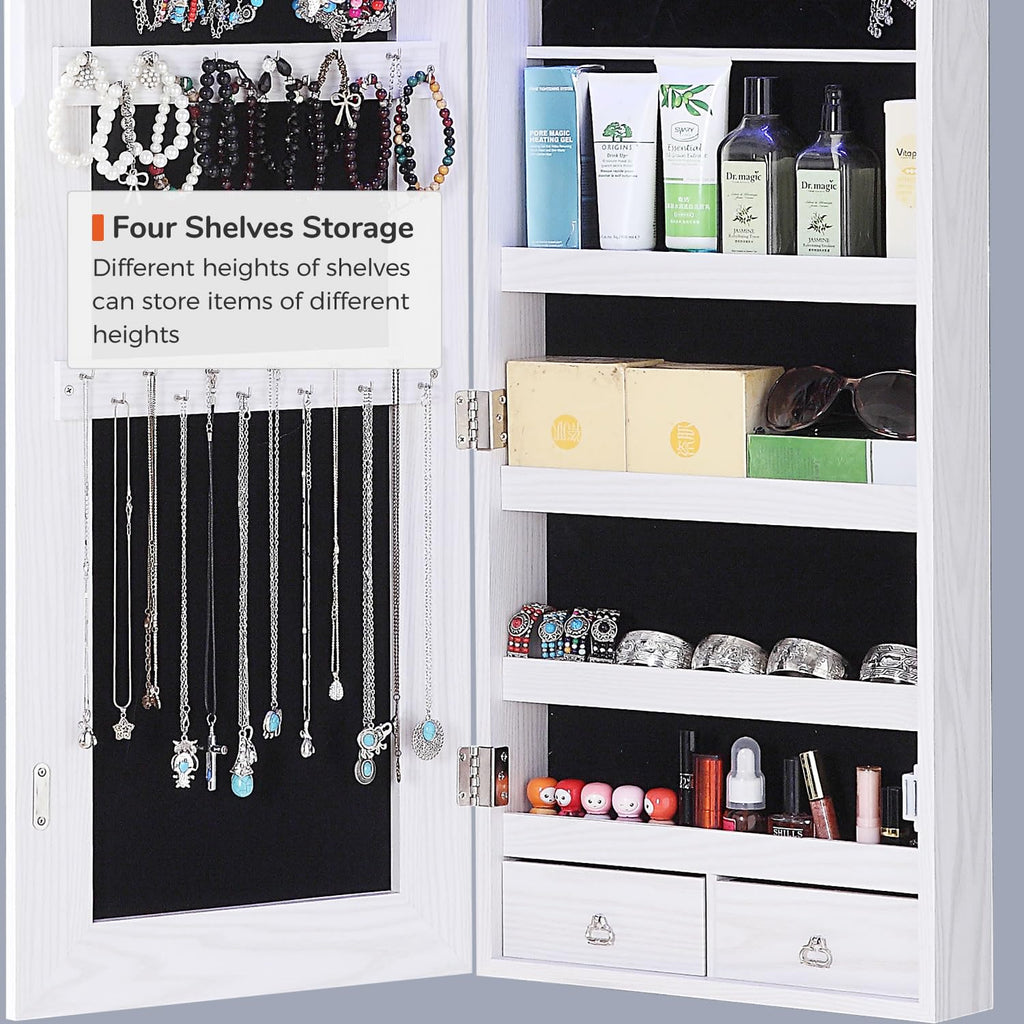 GISSAR Full Length Mirror Jewelry Cabinet, 6 LEDs Jewelry Armoire Wall Mounted Over The Door Hanging, Jewelry Organizer Storage with Lights Lockable, Black, 14.6" x 47.2"