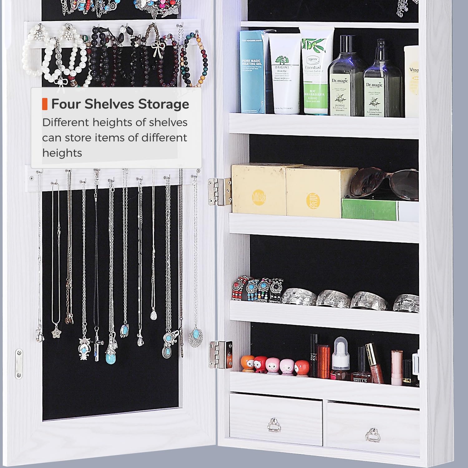 GISSAR Full Length Mirror Jewelry Cabinet, 6 LEDs Jewelry Armoire Wall Mounted Over The Door Hanging, Jewelry Organizer Storage with Lights Lockable, Black, 14.6" x 47.2"