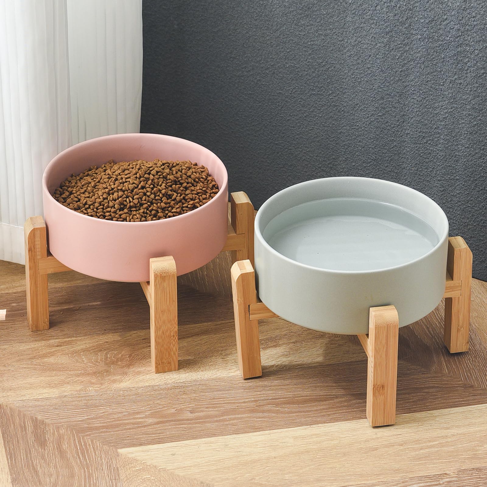 6'' Ceramic Raised Dog Bowl - 30Oz Dog Food & Water Bowl with Elevated Non-Slip Bamboo Stand, Dishwasher & Microwave Safe, Anti Vomiting Heavy Duty Pet Bowl for Small and Medium Dogs, Black