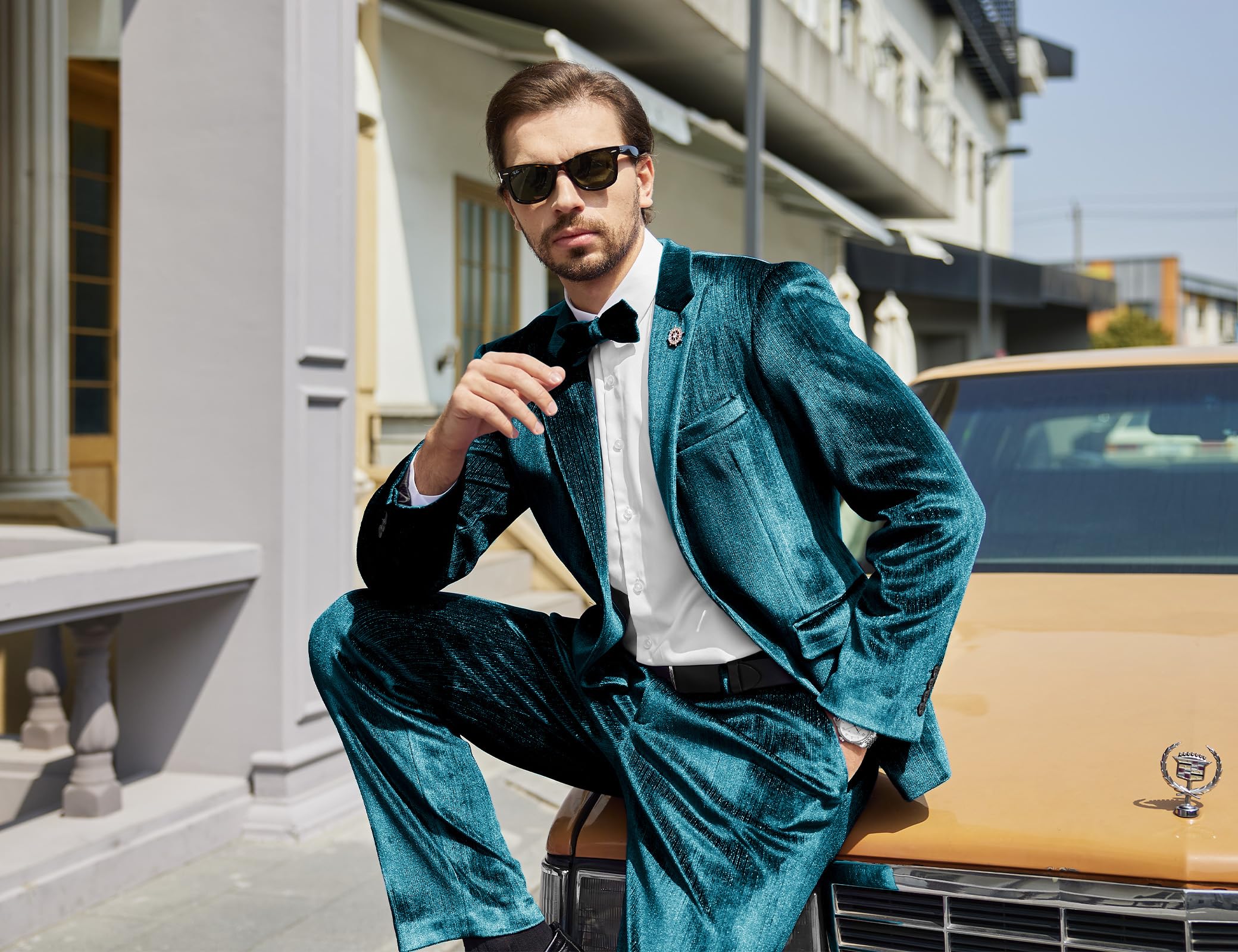 MAGE MALE Mens Suits Velvet Tuxedo Suit Set Slim Fit 2 Piece Luxurious Party Dinner Jacket Pants with Bow Tie