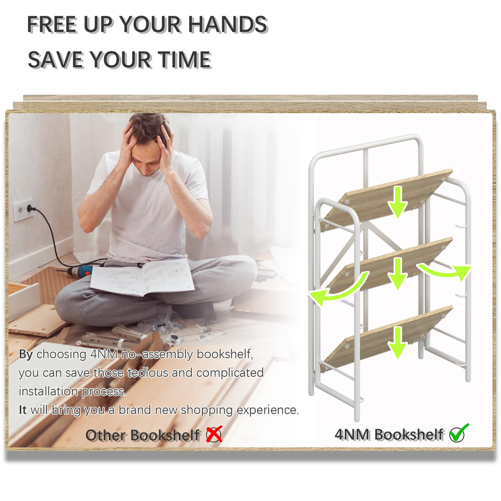 4NM No Assembly Folding Bookshelf, 3 Tiers Collapsible Book Shelves Open Industrial Foldable Storage Bookcase Shelf for Bedroom, Living Room, Home Office - Natural and White