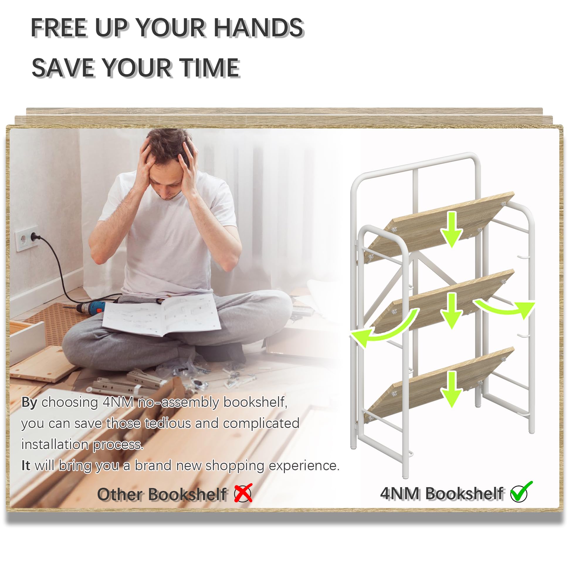 4NM No Assembly Folding Bookshelf, 3 Tiers Collapsible Book Shelves Open Industrial Foldable Storage Bookcase Shelf for Bedroom, Living Room, Home Office - Natural and White