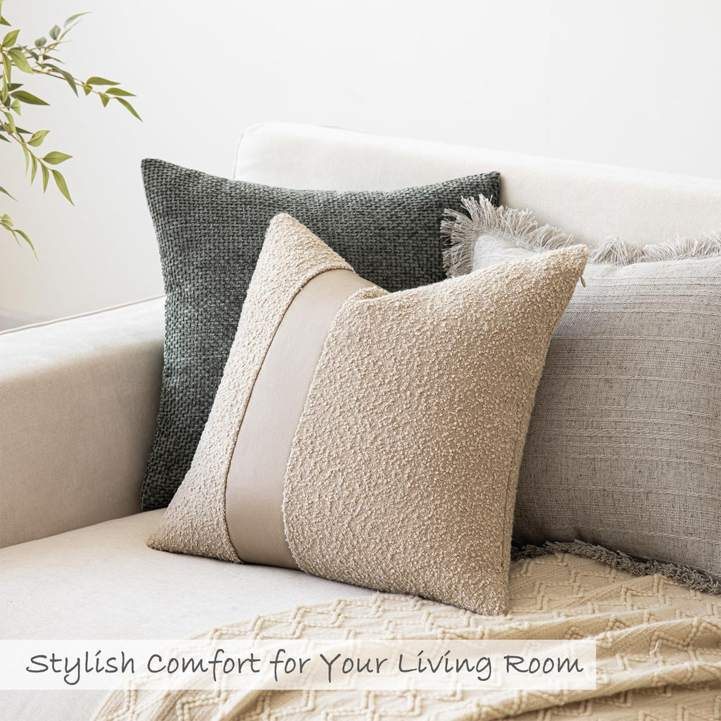 18"x18" Charcoal Black Boucle Throw Pillow Covers with Faux Leather Accents Set of 2 Fluffy Textured Decorative Pillow Cases for Couch Bed Boho Farmhouse Square Cushion Covers for Nordic Home