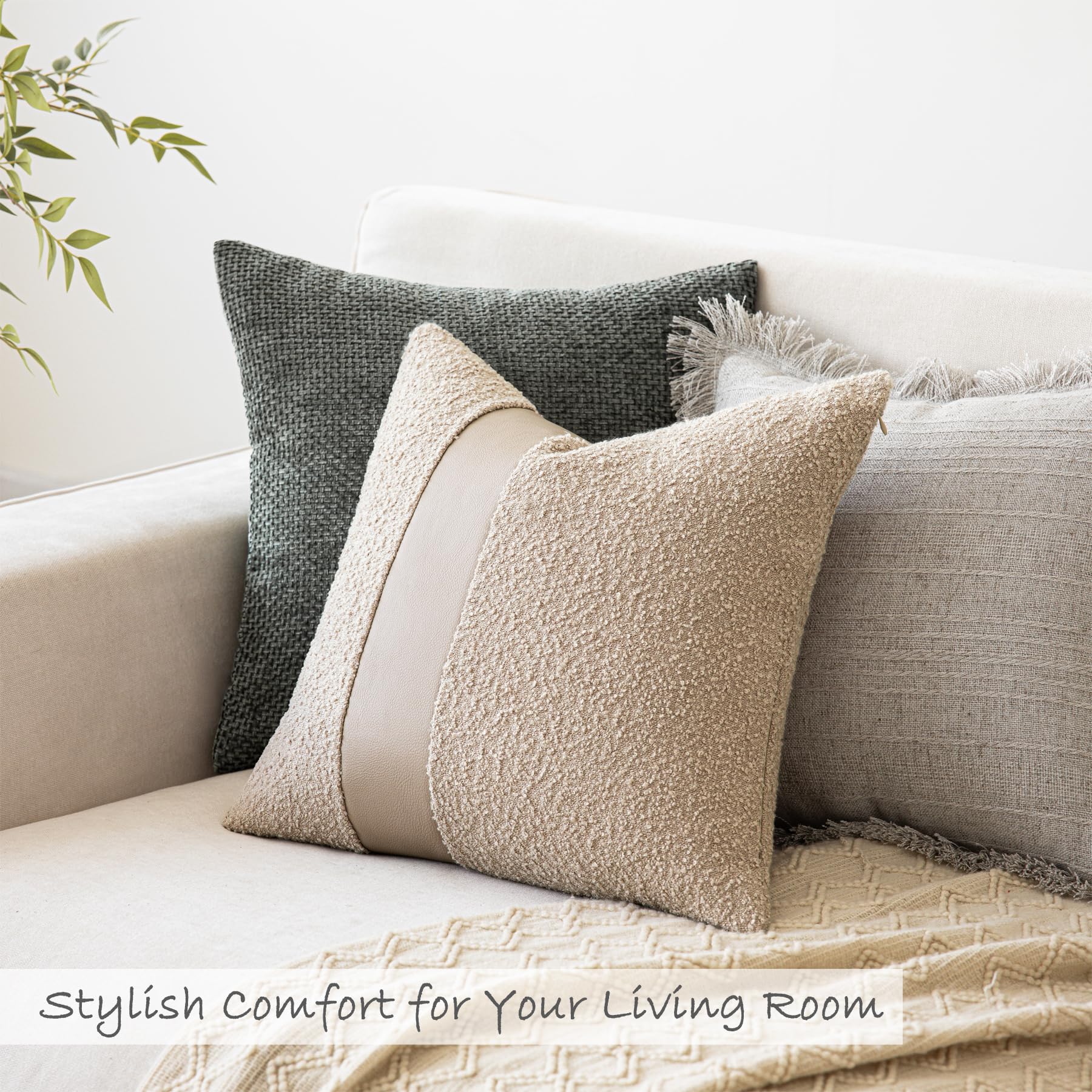 18"x18" Charcoal Black Boucle Throw Pillow Covers with Faux Leather Accents Set of 2 Fluffy Textured Decorative Pillow Cases for Couch Bed Boho Farmhouse Square Cushion Covers for Nordic Home