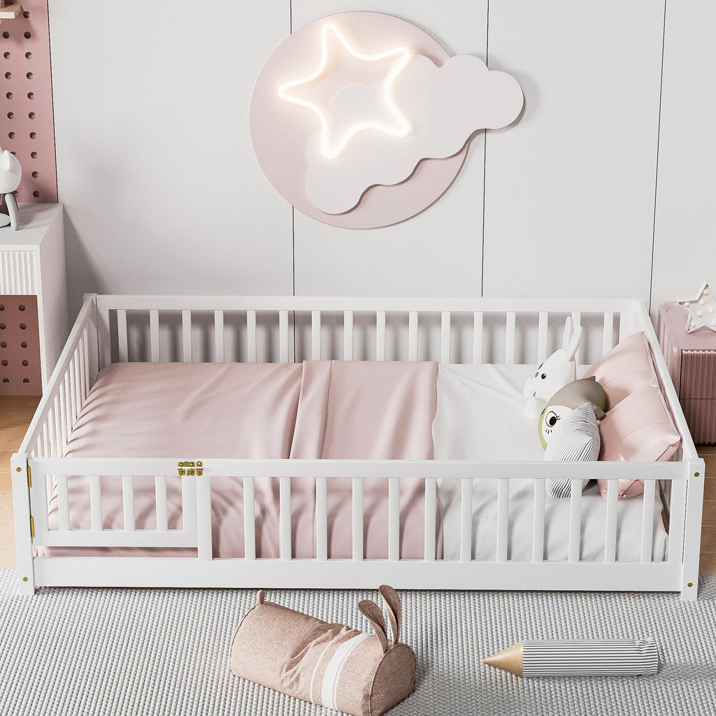 i-POOK Queen Floor Bed for Children, Sturdy Wood Montessori Bed Frame with Wood Slats, High Fence & Small Door for Girls and Boys, Espresso (with Bed Slats)