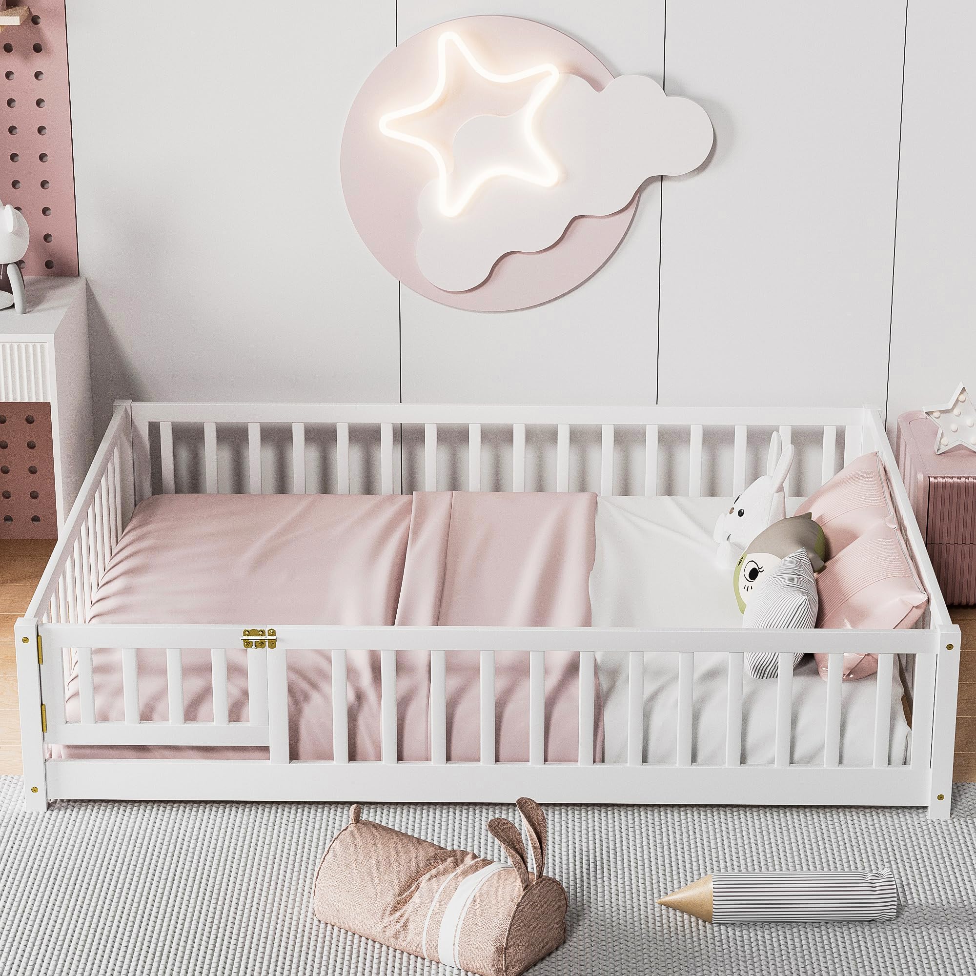 i-POOK Queen Floor Bed for Children, Sturdy Wood Montessori Bed Frame with Wood Slats, High Fence & Small Door for Girls and Boys, Espresso (with Bed Slats)