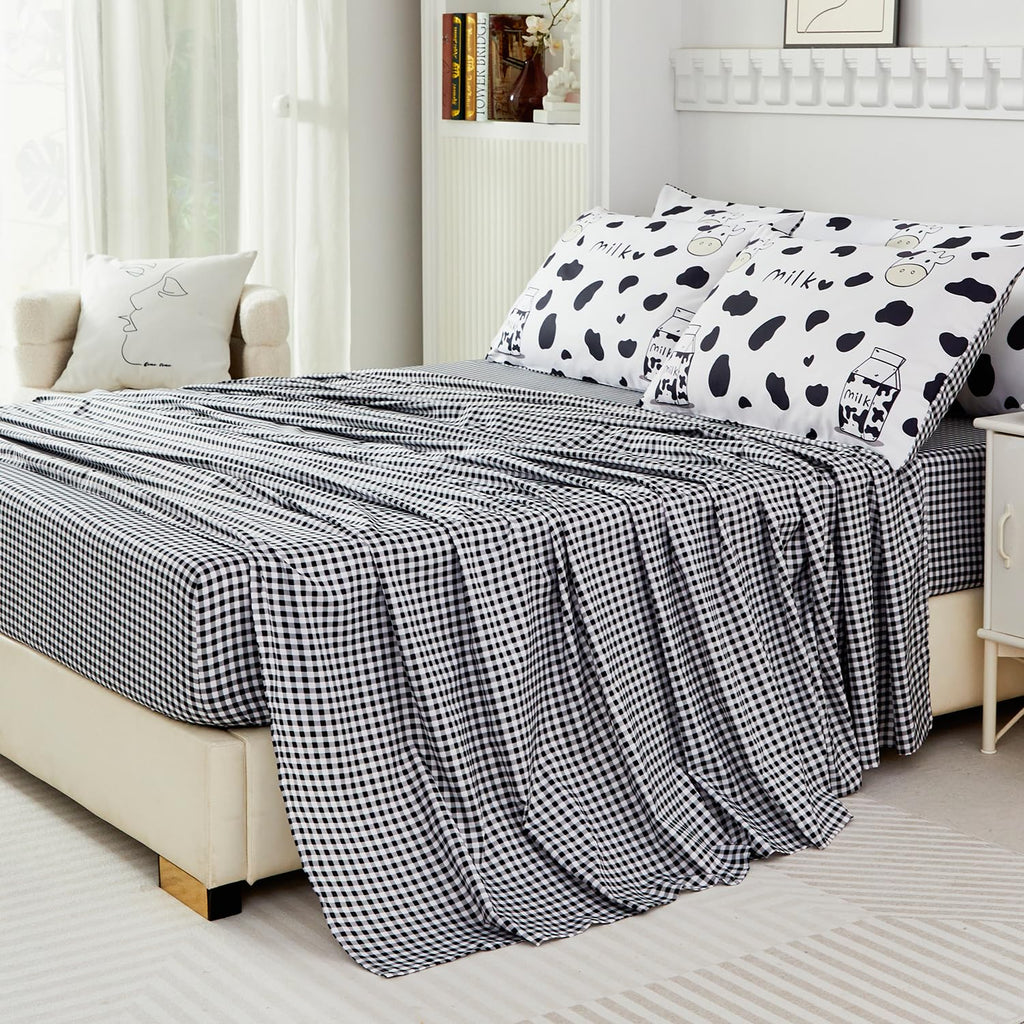 SUCSES Full Size Comforter Set with Sheets 8 Piece Cow Print Bedding Set for Boys Girls Black and White Kids Bed-in-A-Bag Farmhouse Rustic Bed Set for Bedroom (Milk Cow, Full)