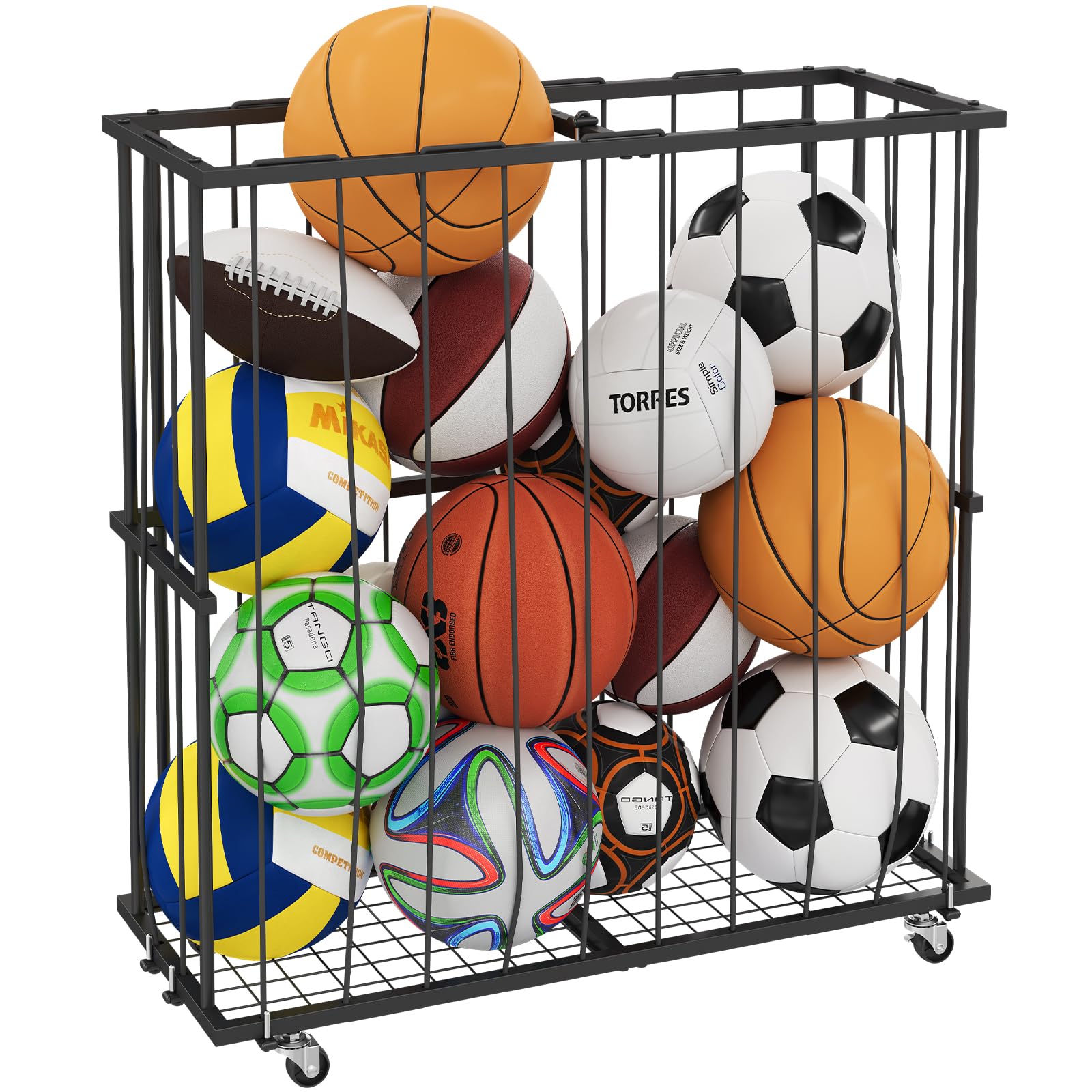 Hencawima Garage Ball Storage: Round Sports Equipment Organizer with Wheels, Sports Ball Rack With Elastic Rope, Ball Holder for Basketball, Soccer, Volleyball, Football, Garage, Gym, Outdoor (Black)
