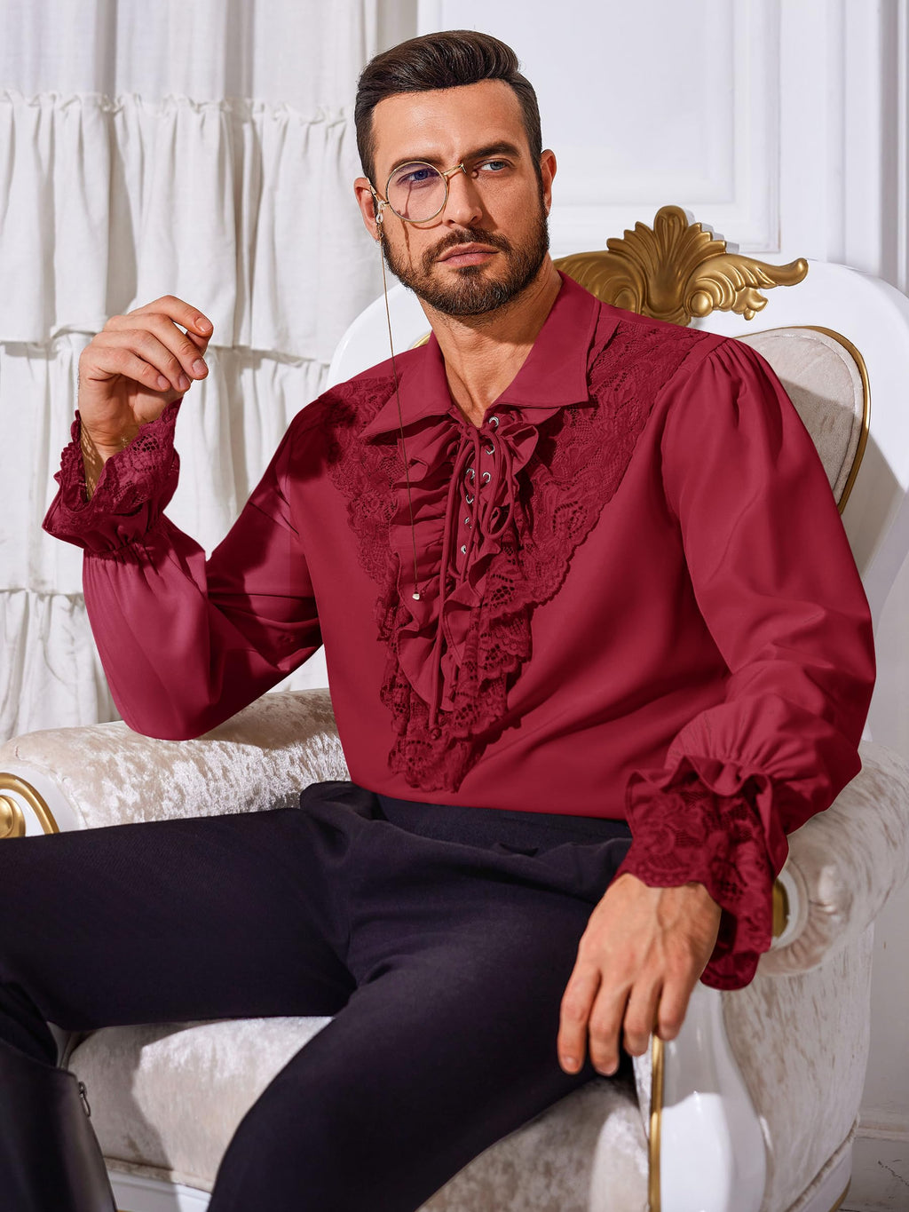 Runcati Mens Pirate Shirt Ruffle Renaissance Victorian Vampire Poet Shirts Steampunk Gothic Medieval Lace Costume