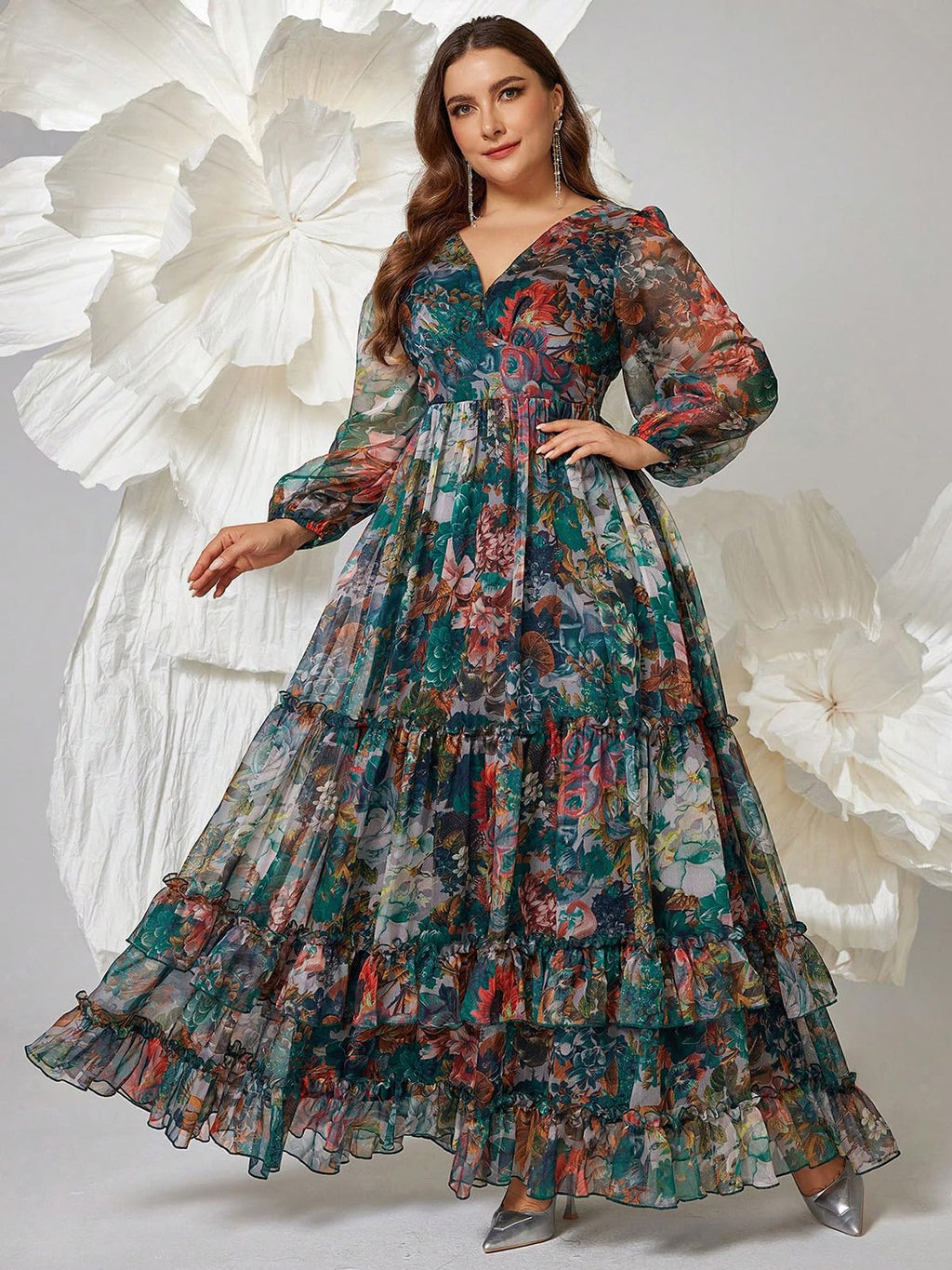 Spring Summer 2024 Plus Size Womens Dresses V Neck Casual Elegant Long Sleeve Floral Print Maxi Dress