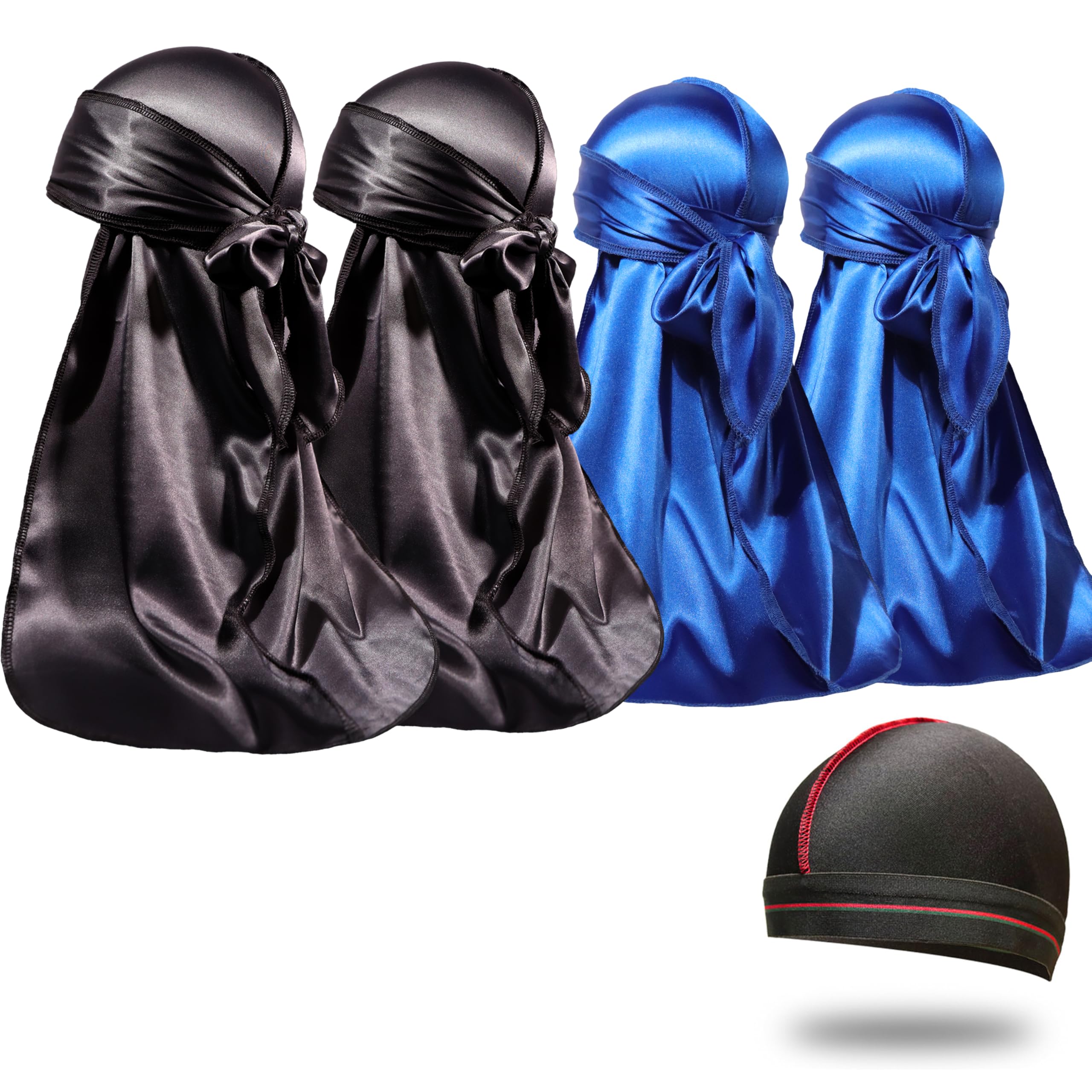 4PCS Silky Durags for Men Women 360 Waves with 1 Wave Cap, Silky Satin Durag Extra Long Tails