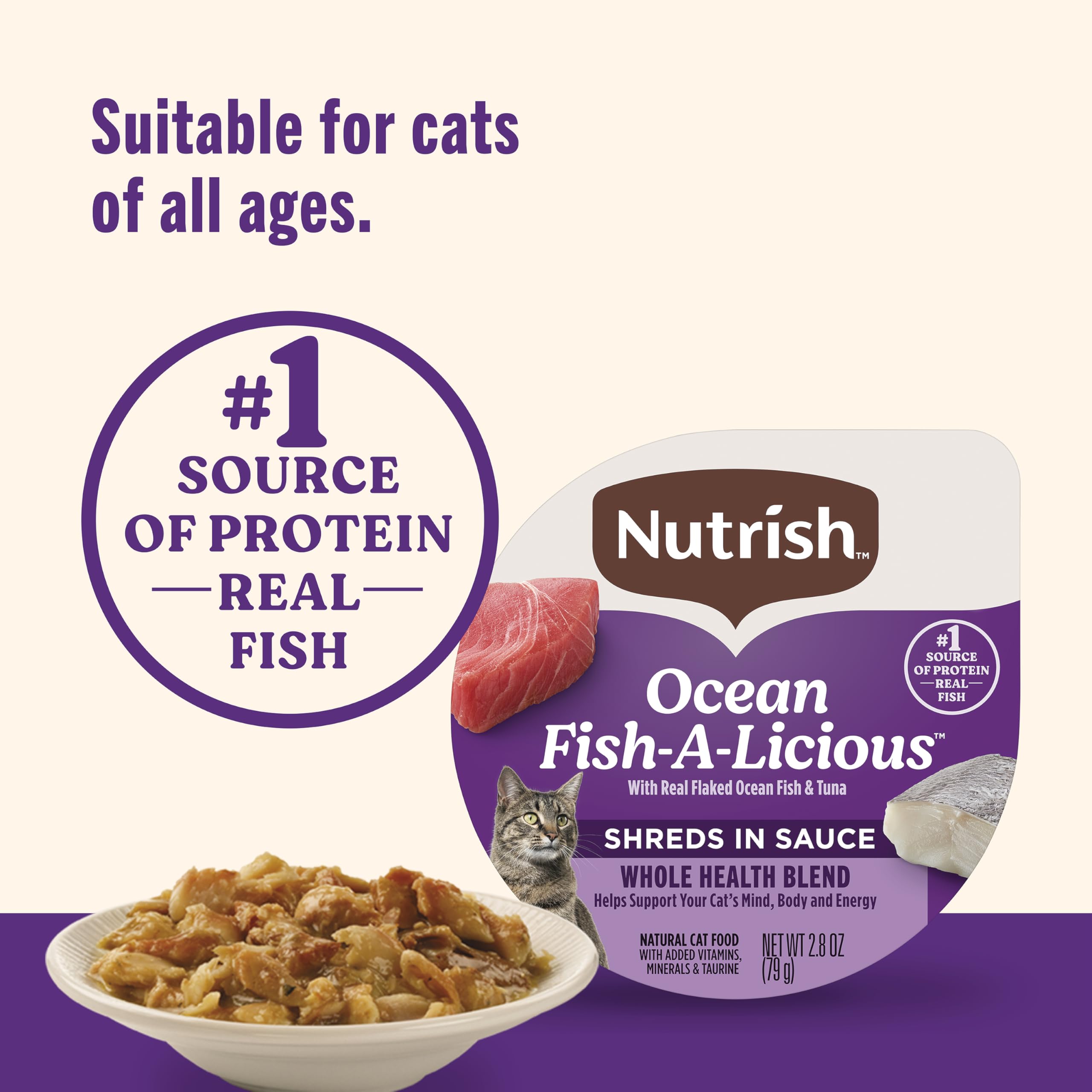 Nutrish Grain Free Wet Cat Food Ocean Fish-A-Licious Whole Health Blend with Real Flaked Ocean Fish & Tuna in Sauce, 2.8 oz. Cup (Rachael Ray) (Pack of 12)