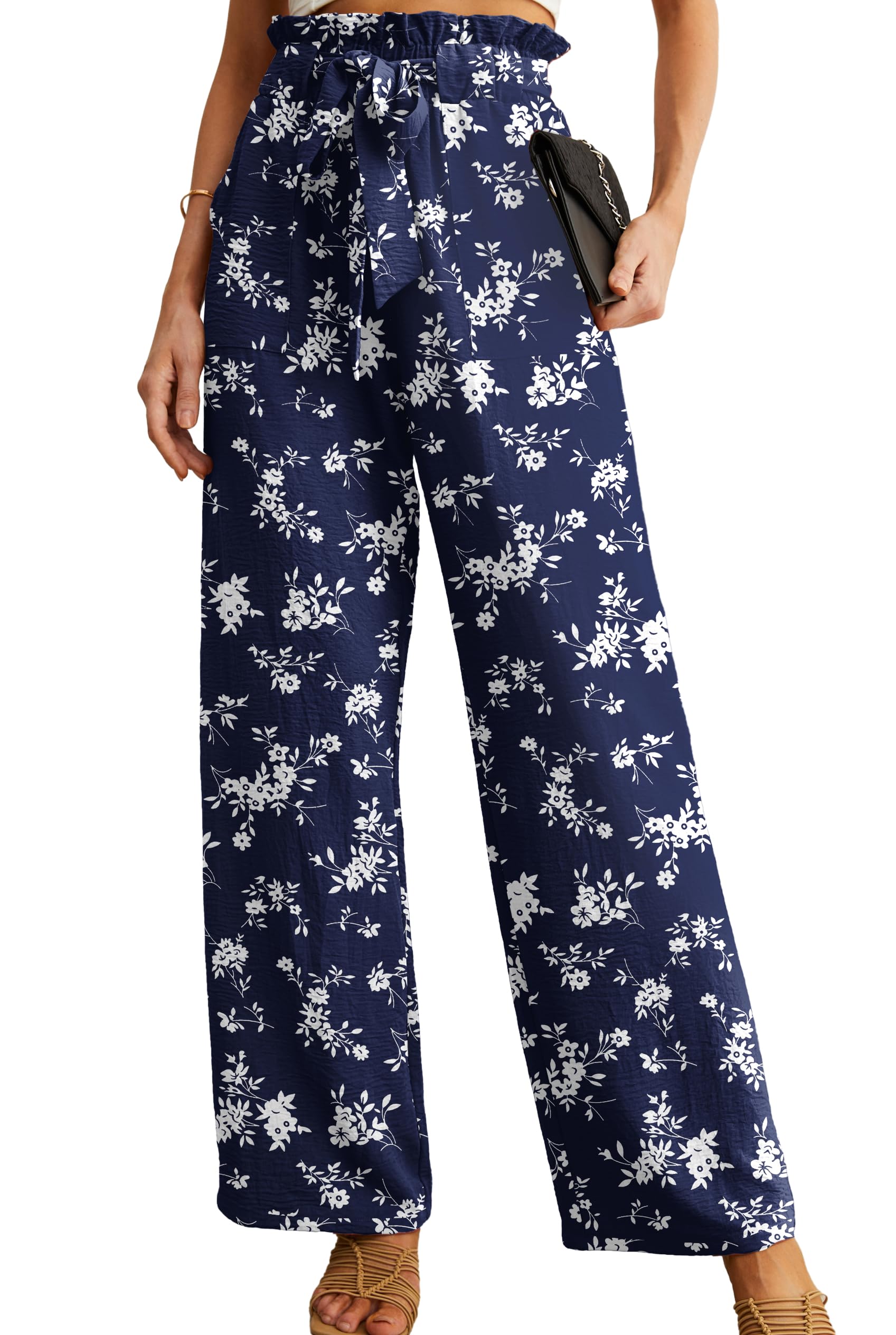 IWOLLENCE Women High Waist Palazzo Pants, Adjustable Knot Ankle Wide Leg Trousers Pockets Beach Vacation Lounge Office