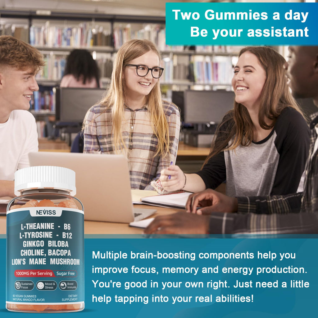 Sugar Free L-Tyrosine Gummies 300mg L-Theanine 200mg Vitamin B6 100mg & B12 500mcg, Brain Health Herbs 300mg w/Ginkgo Biloba, Rhodiola Rosea, Lion's Mane Mushroom for Sustained Focus & Energy, 1Pack