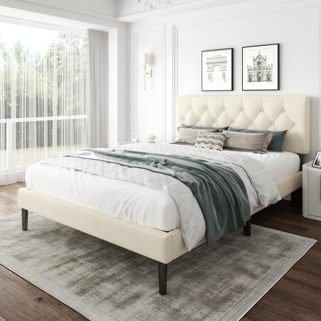 CXVX Full Size Platform Bed Frame with Upholstered Headboard, Button Tufted Design, Strong Wooden Slats, No Box Spring Needed, Easy Assembly, Noise Free