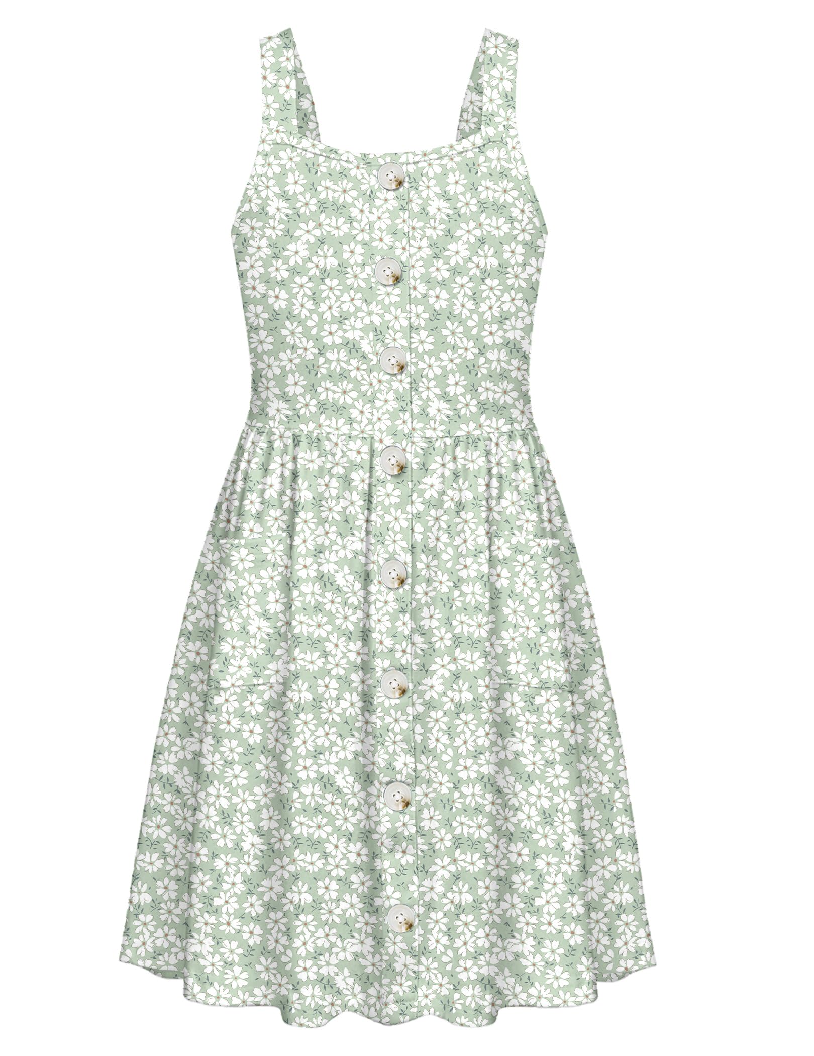 Arshiner Girl's Spaghetti Strap Button Down Midi Sleeveless Summer Casual Sundress A-line Dress with Pockets