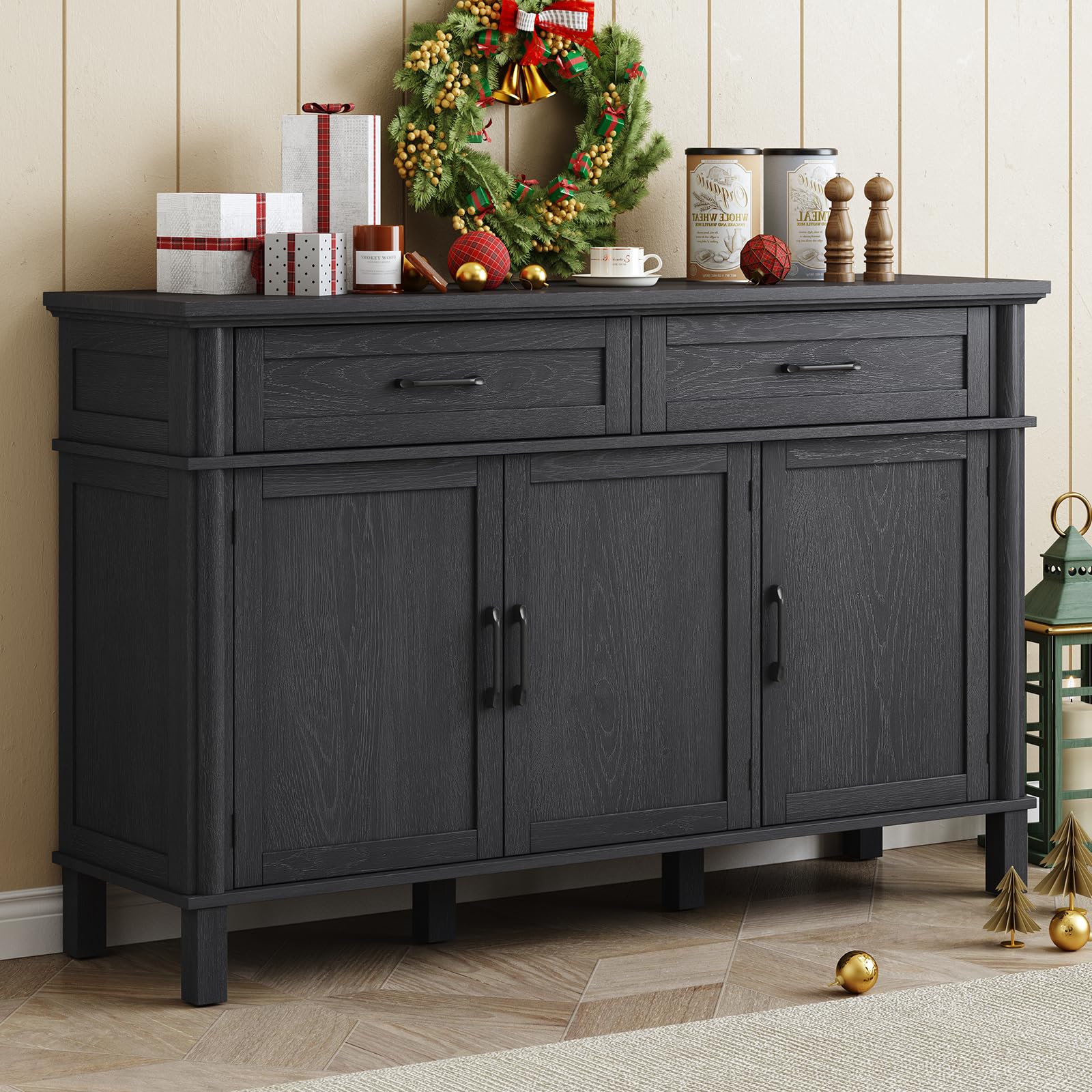 ONBRILL 48 Inches Buffet Cabinet with Storage, Farmhouse Sideboard Buffet w/2 Drawers and 3 Doors, Wood Coffee Bar Cabinet with Adjustable Shelves, Sideboard Storage for Kitchen, Living Room, Black