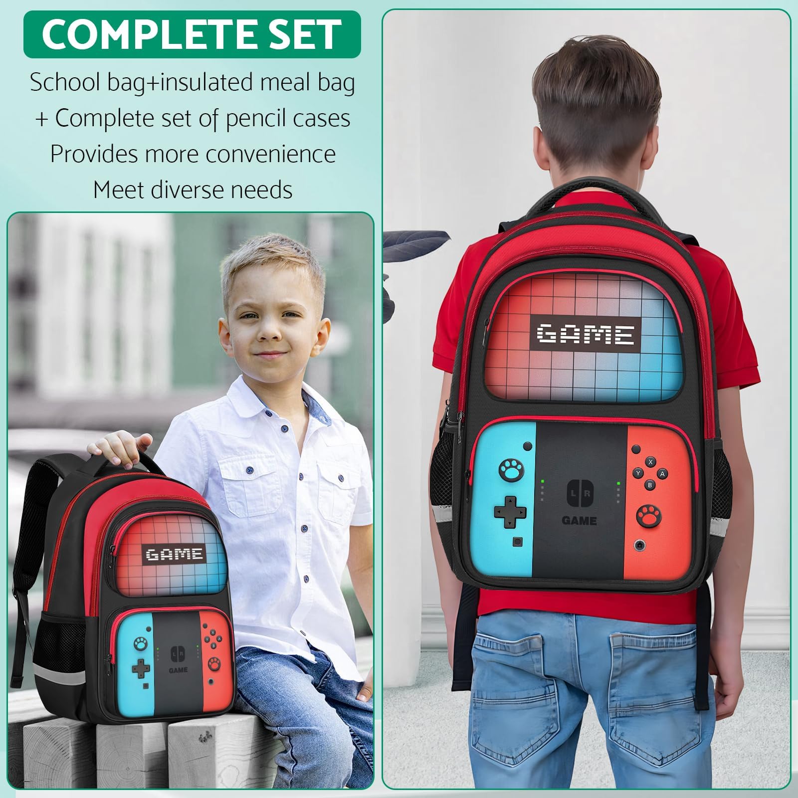 Kids Backpack For Boys，Gamer Boys Backpack For Children Teens Elementary Middle School, 17″ Students Bookbag