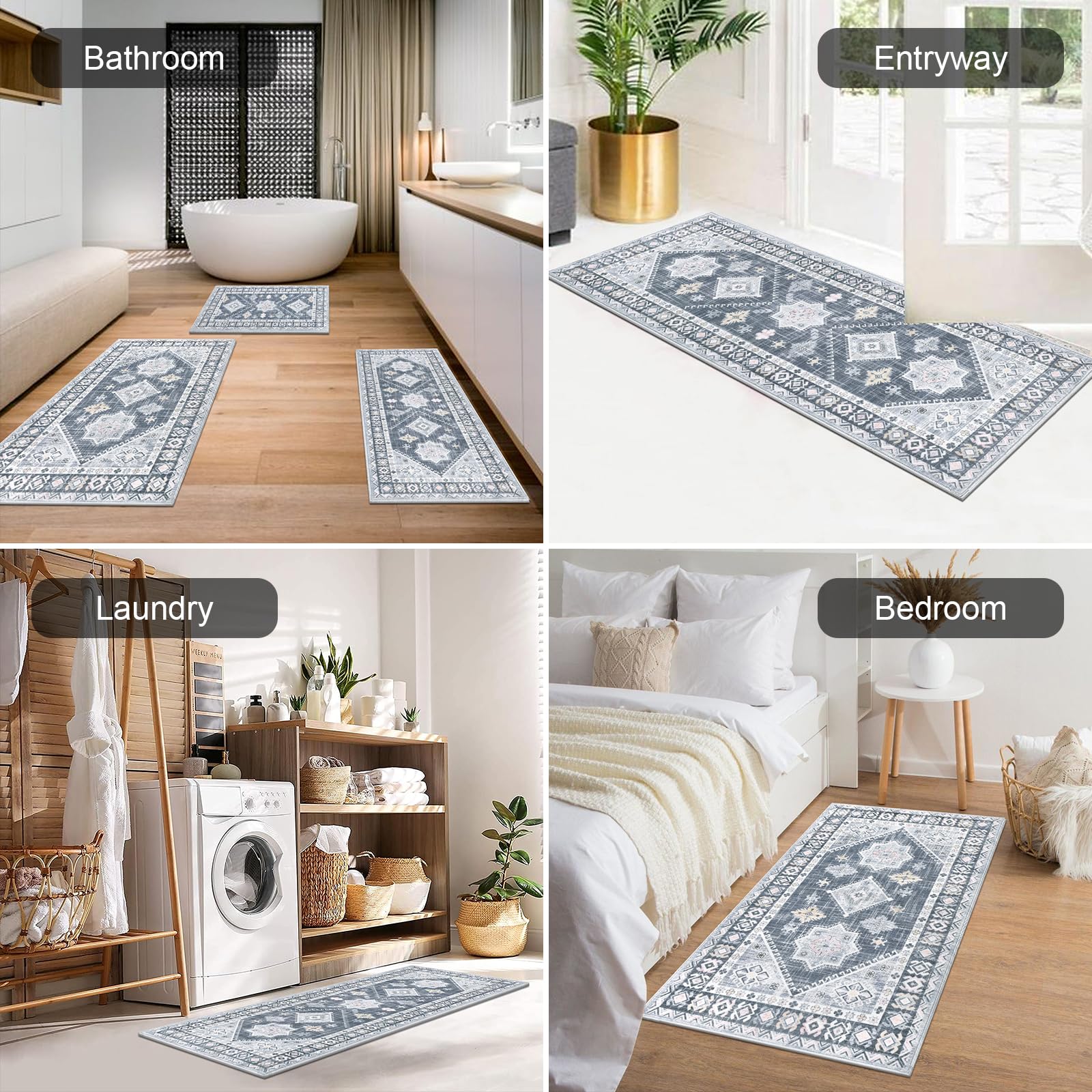 HEBE Boho Kitchen Rug Sets 3 Piece with Runner Non Slip Kitchen Rugs and Mats Washable Kitchen Mats for Floor Thick Kitchen Floor Mat Carpet Runner Rugs for Hallway Laundry Holiday Decor