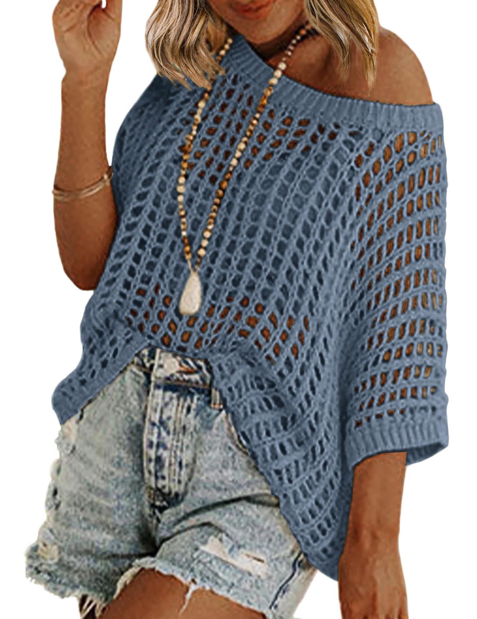 Zeagoo Short Sleeve Crochet Sweater Lightweight Summer Tops Loose Hollow Out Crewneck Pullover