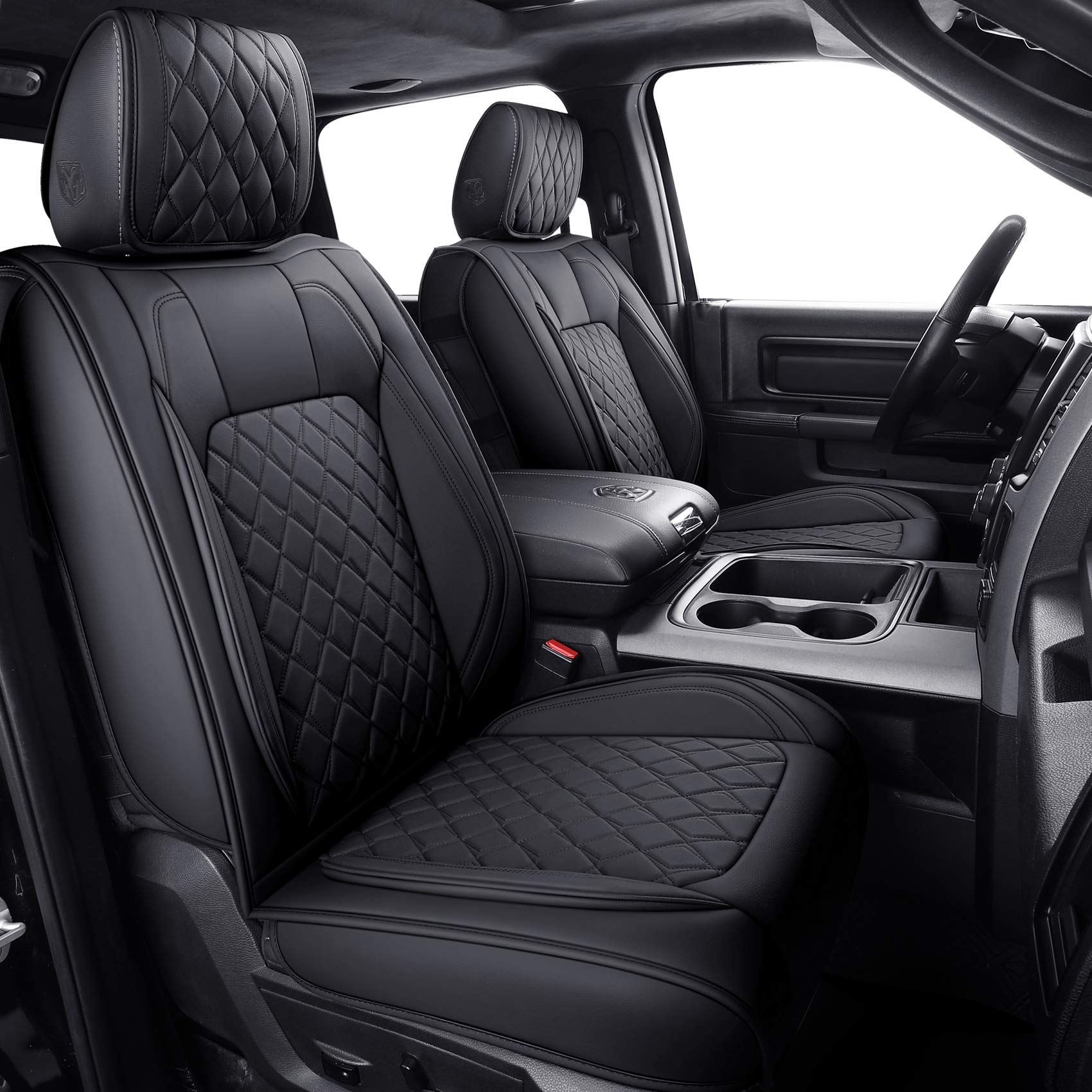 Aierxuan Dodge Ram Front Seat Covers Custom Fit 2009-2026 1500/2500/3500 Truck Pickup Crew Quad Regular Cab Heavy Duty Waterproof Leather Airbag Compatible Cushions(2 PCS Front/Black)