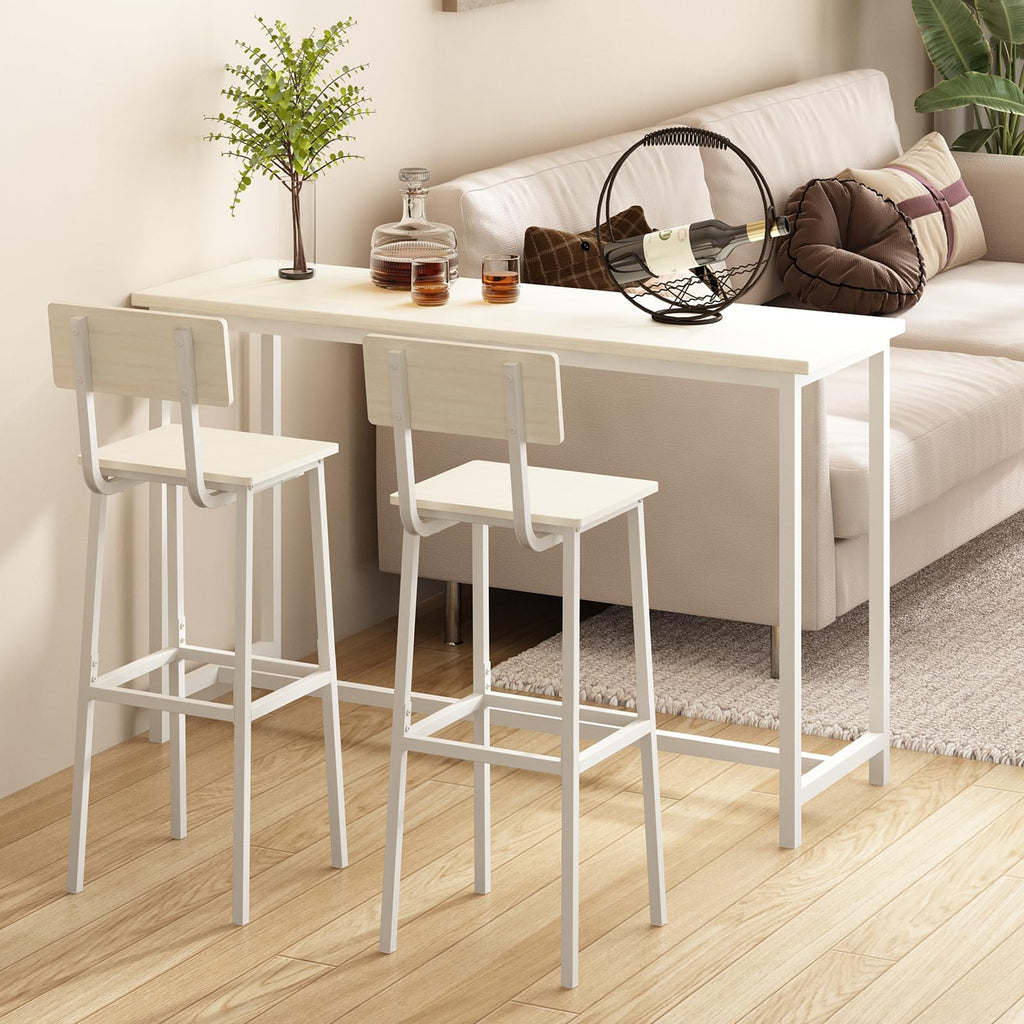 GILLAS Set of 2 Bar Stools, Tall Bar Stool with Backrest and Footrest, Tall Bar Chairs, Industrial Style Counter Height Bar Stool for Dining Room, Kitchen, White