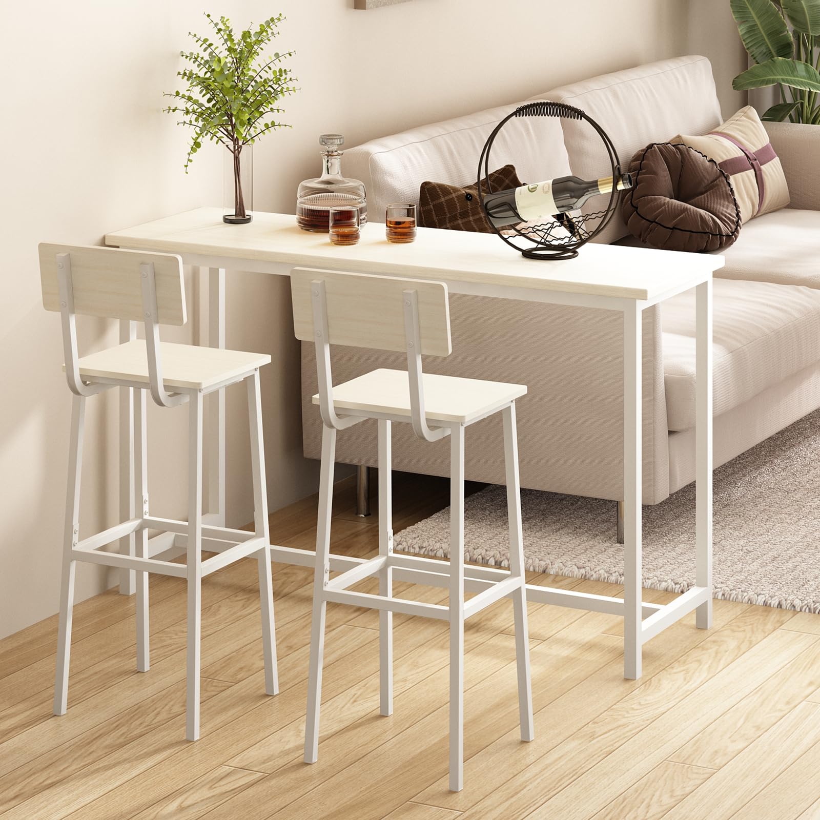 GILLAS Set of 2 Bar Stools, Tall Bar Stool with Backrest and Footrest, Tall Bar Chairs, Industrial Style Counter Height Bar Stool for Dining Room, Kitchen, White
