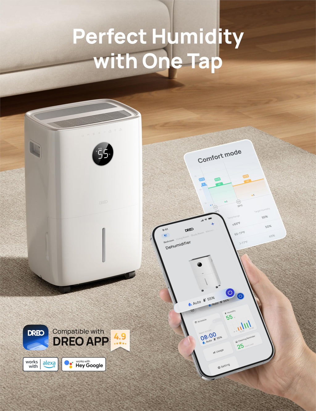 DREO 110-Pint Smart Dehumidifier for Basement, 4500 Ft² for Large Room, 2 Gallon Water Tank, Auto/Comfort/Constant Mode Dehumidifiers for Home, Bedroom, Bathroom, with Drain Hose, Black, 711S