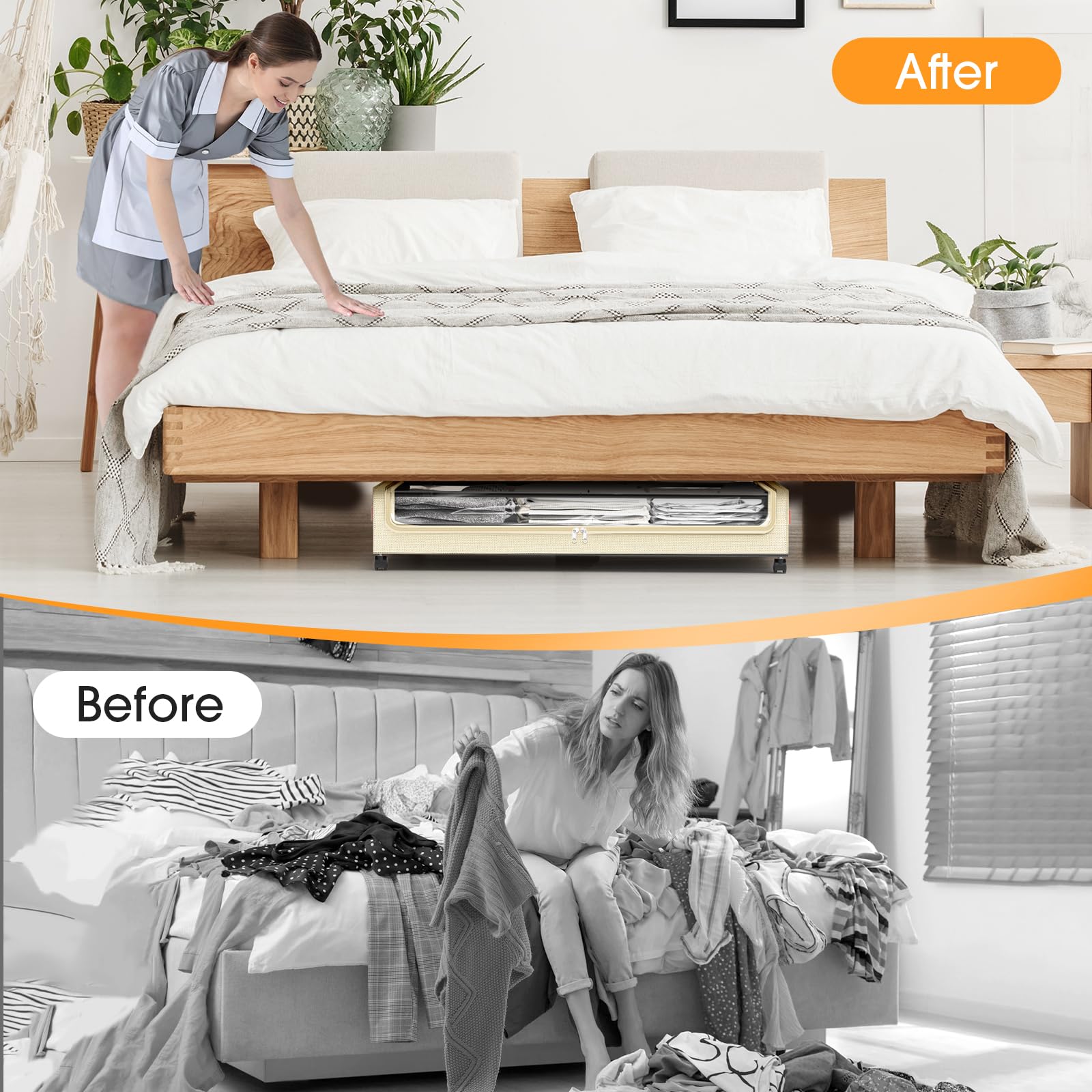 SpaceHacks Under Bed Storage with Wheels 1Pack Underbed Storage with Clear Window&Label Under Bed Drawers Large Capacity Rolling Under Bed Storage for Clothes,Shoes, Blankets (Beige)