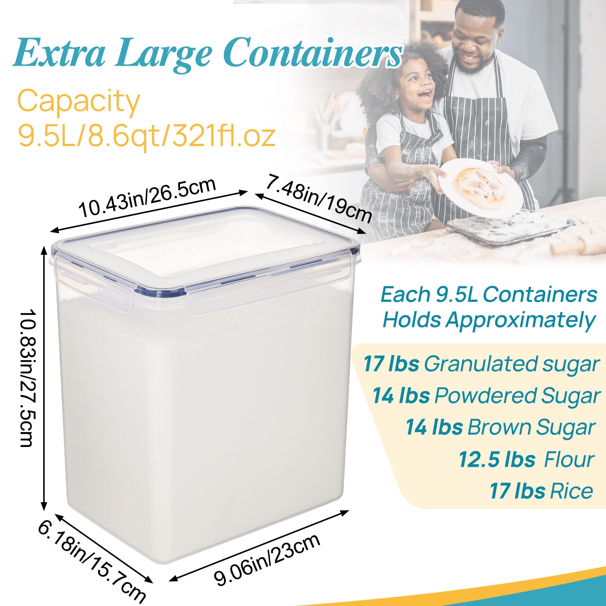 Vtopmart Food Storage Containers 2.5L / 84.5oz, 4 Pieces BPA Free Plastic Airtight Canister for Flour, Sugar, Baking Supplies, with 4 Measuring Cups and 24 Labels, Black