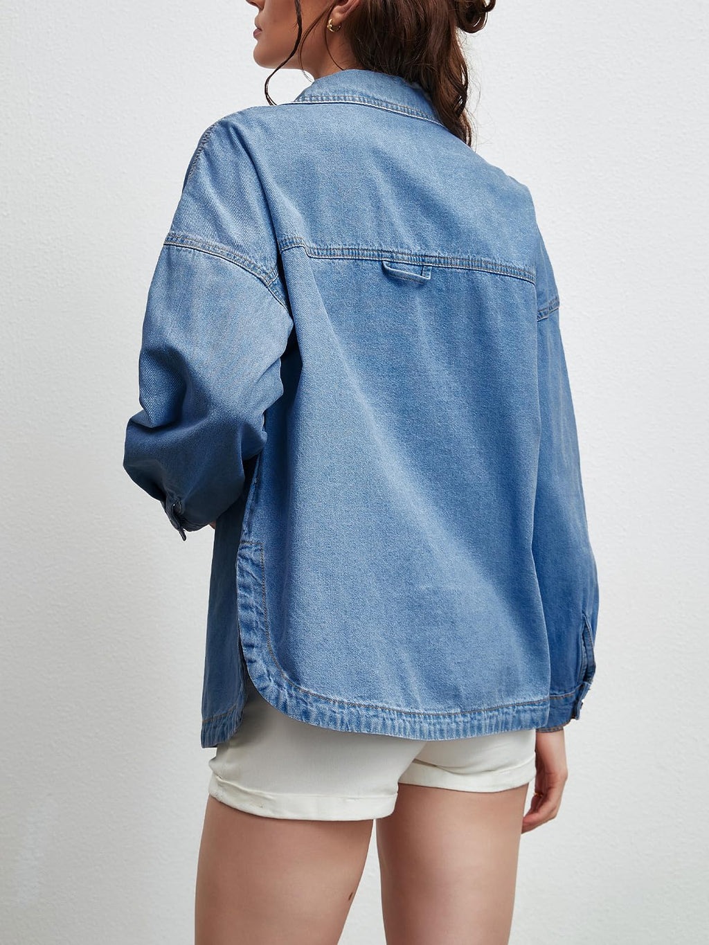 LifeShe Women Denim Shirt Jean Jacket Oversize Button Down Shirt Long Sleeve Jean Tops Trendy Shackets