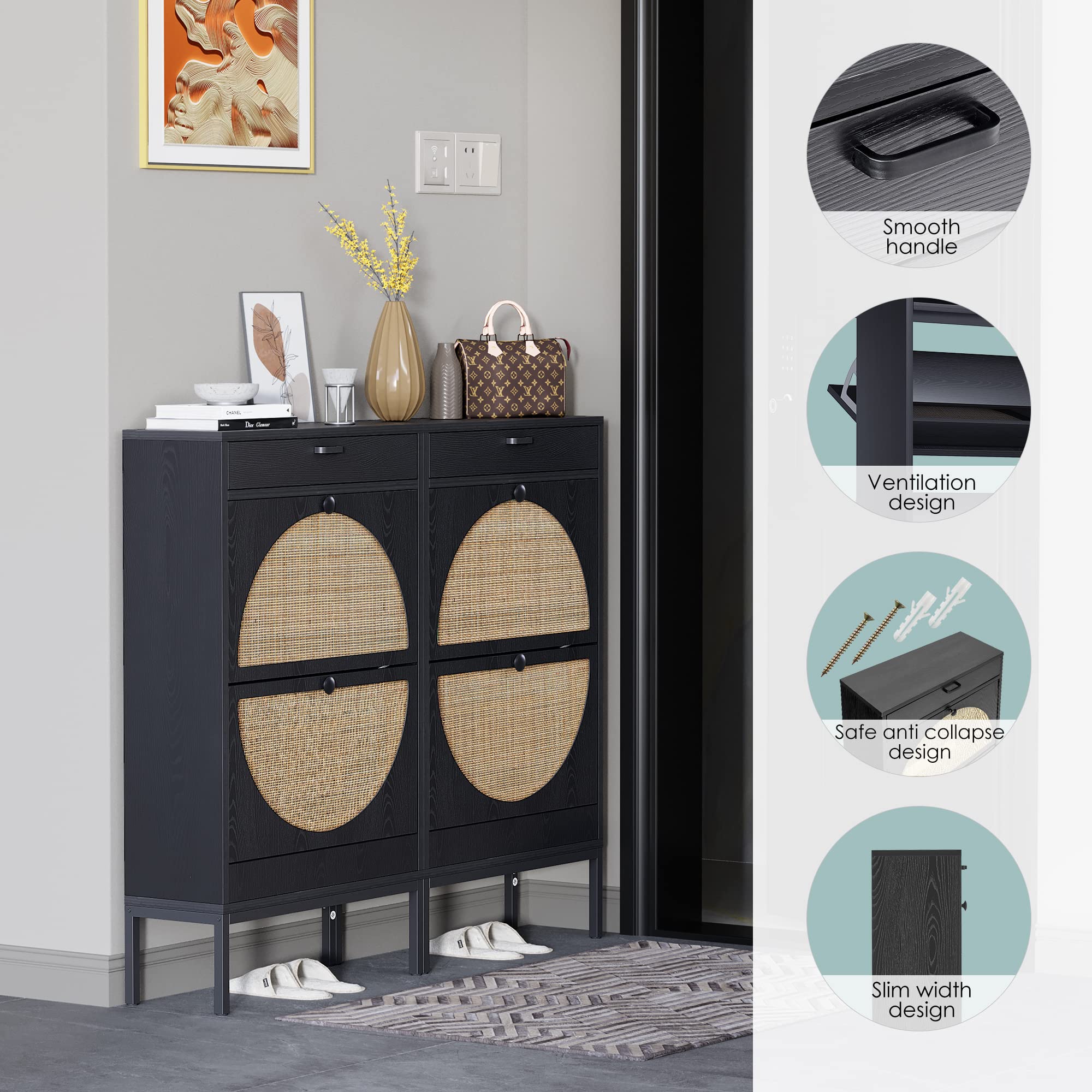 Yechen Shoe Rack Storage Organizer with 2 Natural Semi-Circular Rattan Doors, Entryway Wooden Shoe Cabinet for Sneakers, Leather Shoes, Heels, Slippers (Black)