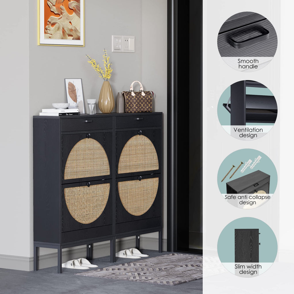 Yechen Shoe Rack Storage Organizer with 2 Natural Semi-Circular Rattan Doors, Entryway Wooden Shoe Cabinet for Sneakers, Leather Shoes, Heels, Slippers (Black)