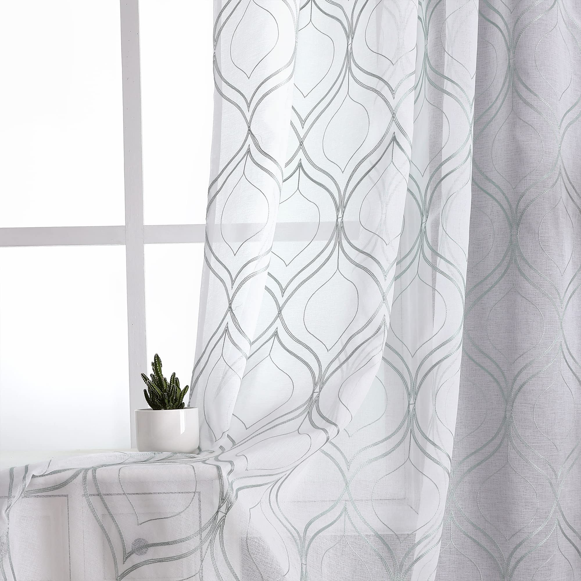 VISIONTEX Sheer Curtains 63 Inches Long 2 Panels Set, Beige and Ivory Moroccan Embroidery Texture Geometric Rod Pocket White Voile Tulle Semi Window Treatment Pair for Bedroom, W54 x L63