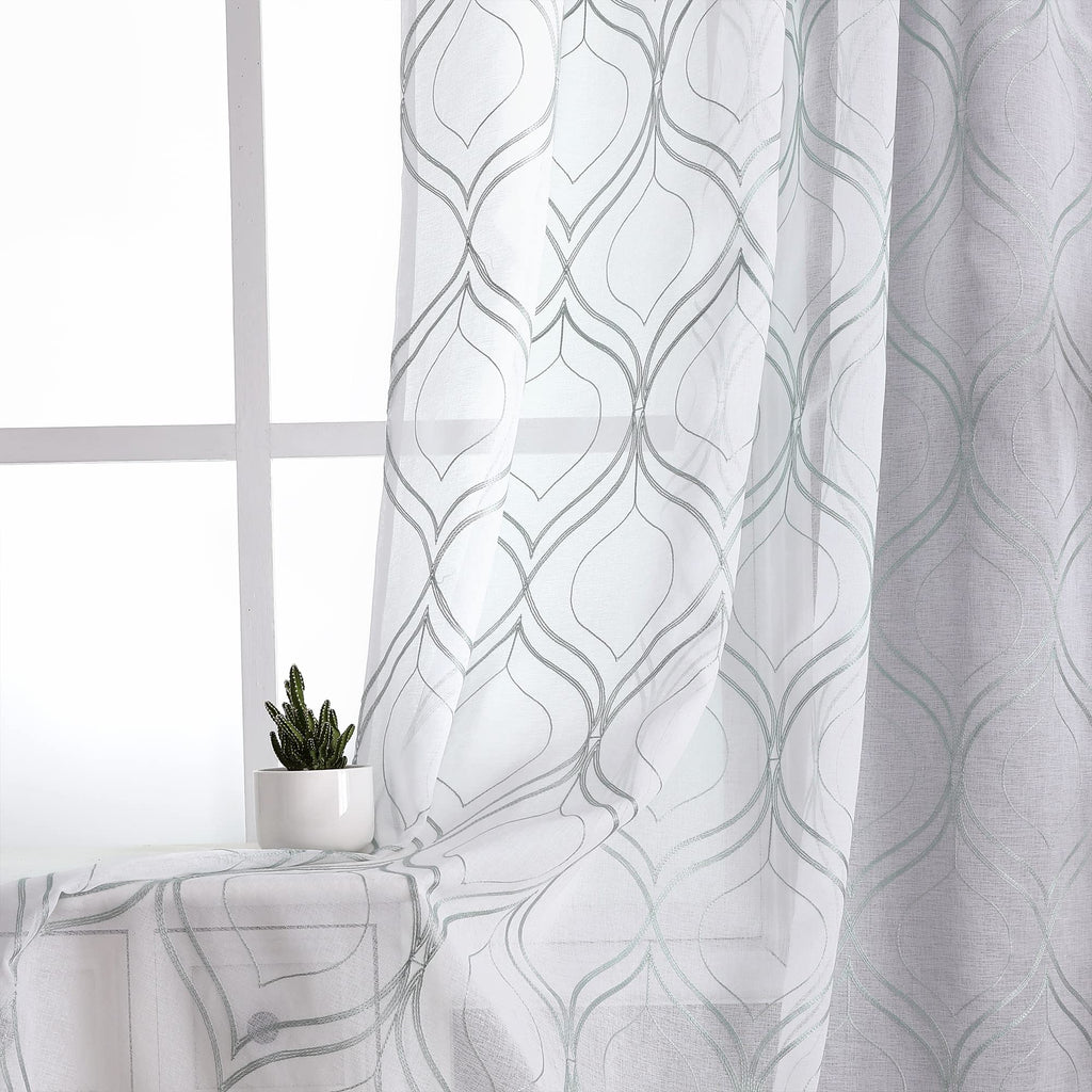 VISIONTEX Sheer Curtains 63 Inches Long 2 Panels Set, Beige and Ivory Moroccan Embroidery Texture Geometric Rod Pocket White Voile Tulle Semi Window Treatment Pair for Bedroom, W54 x L63