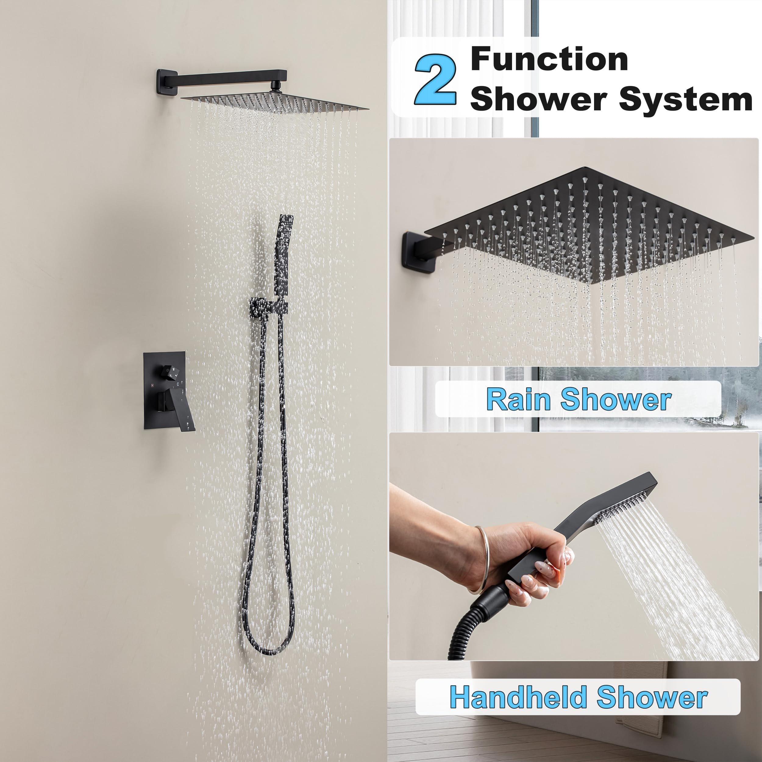 Brushed Gold Shower System with 10-Inch Rain Showerhead and Tub Spout | cUPC-certified pressure balance brass valve to prevent scalding, CEC-certified air injection technology for low pressure