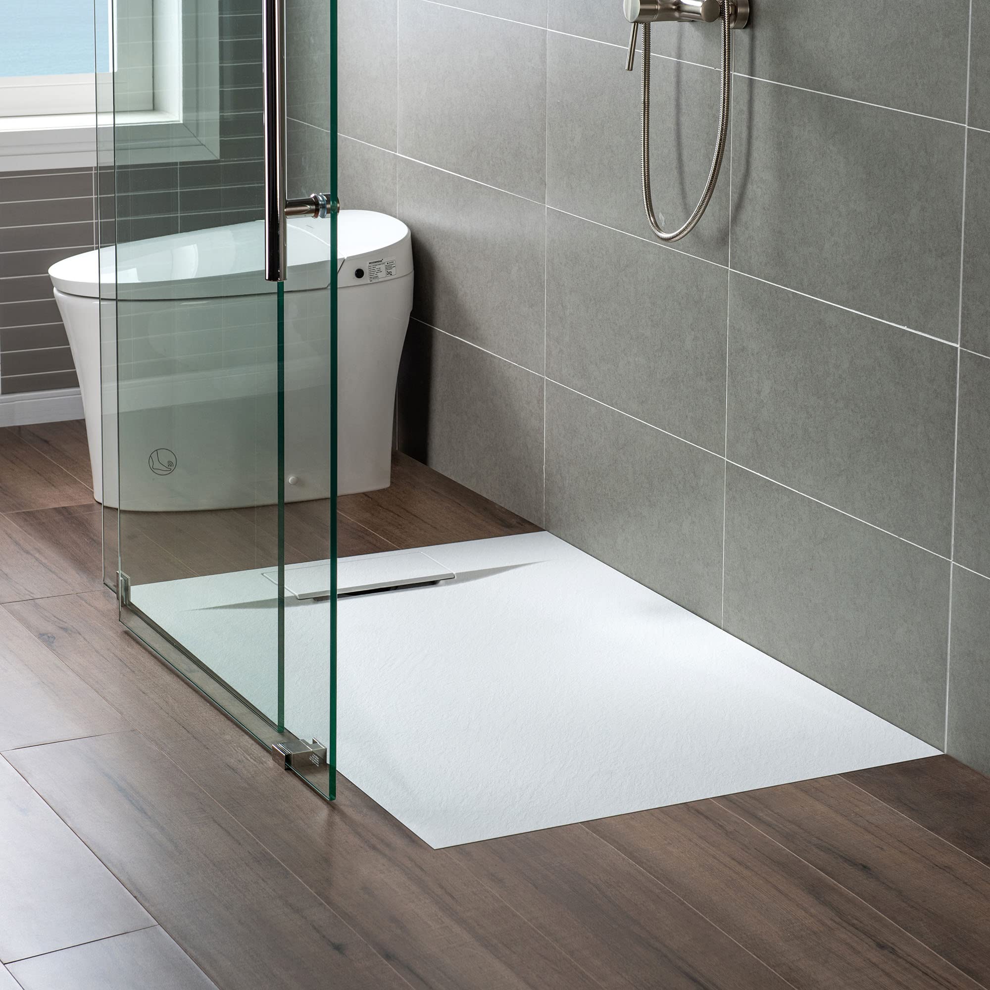WOODBRIDGE 47.25 in L x 31.5 in W Zero Threshold Shower Base with Center Drain, Decorative Drain Plate, Tile Flange, Wheelchair Access, Low Profile, Black