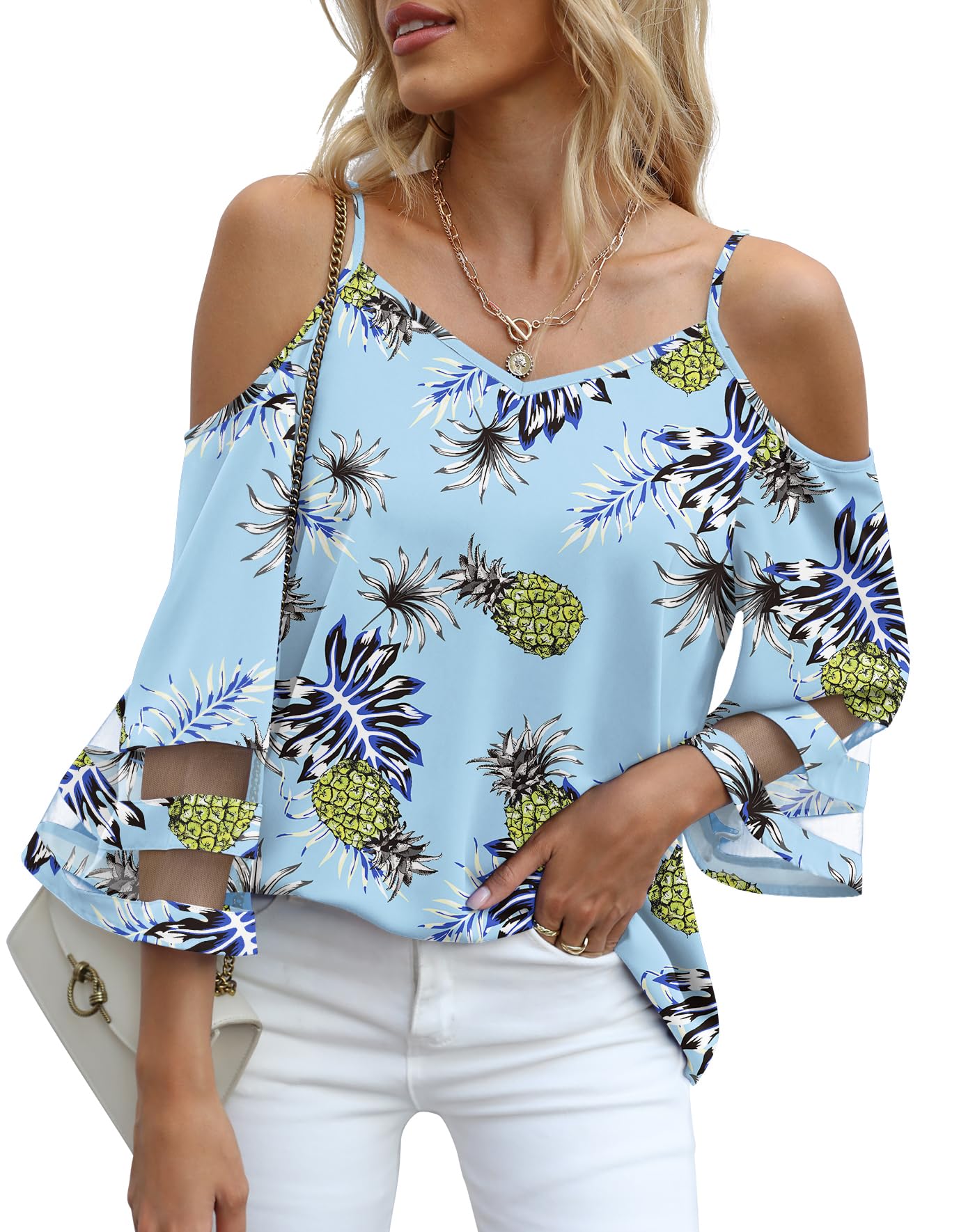 Jouica Womens Summer Cold Shoulder Tops Mesh Panel 3/4 Bell Sleeve Tees Adjustable Spaghetti Strap Loose Fit Shirts