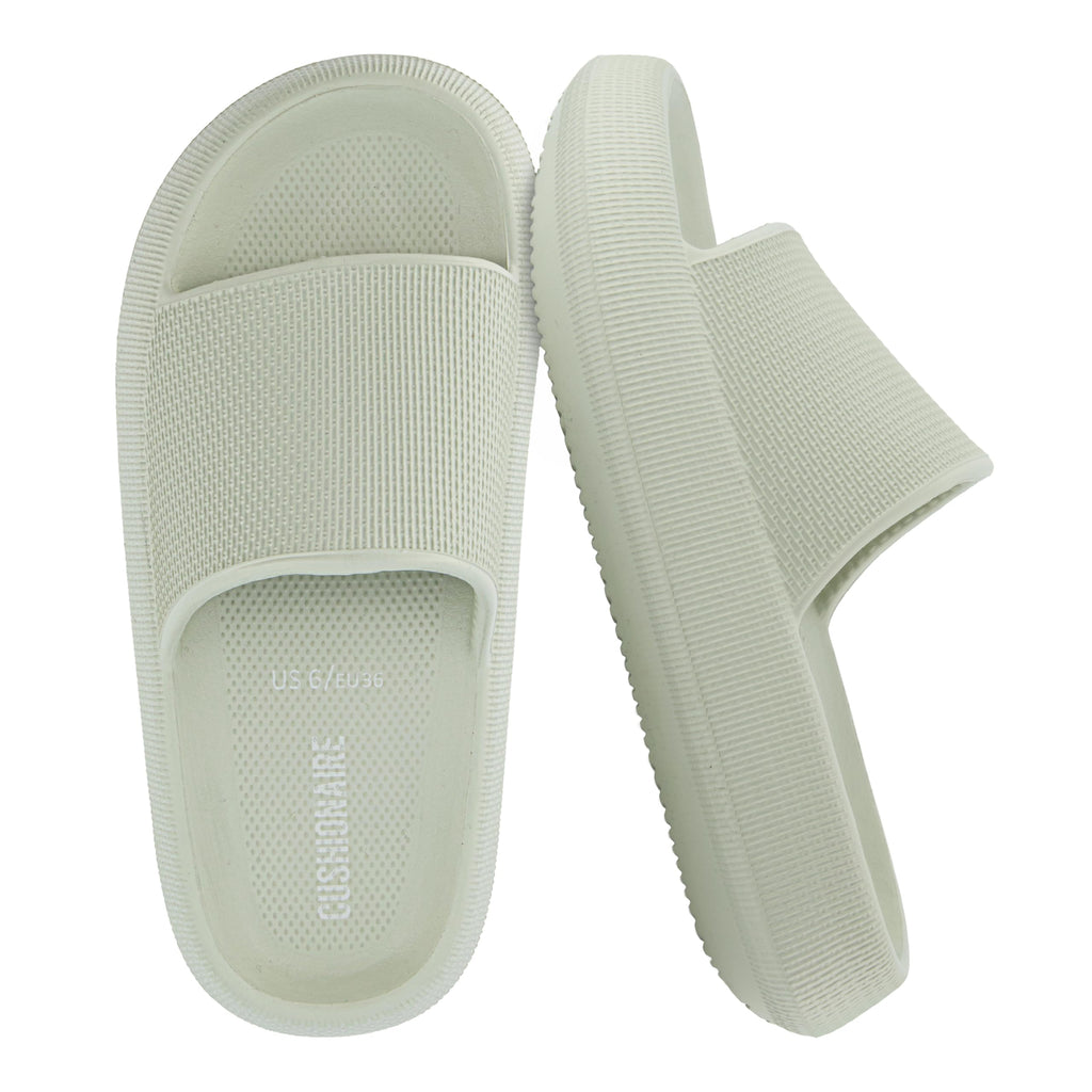 CUSHIONAIRE Feather EVA Slides for Women – Comfortable Slip On Womens Slippers, Indoor Outdoor Shower Shoes, Beach Essential Cloud Slides
