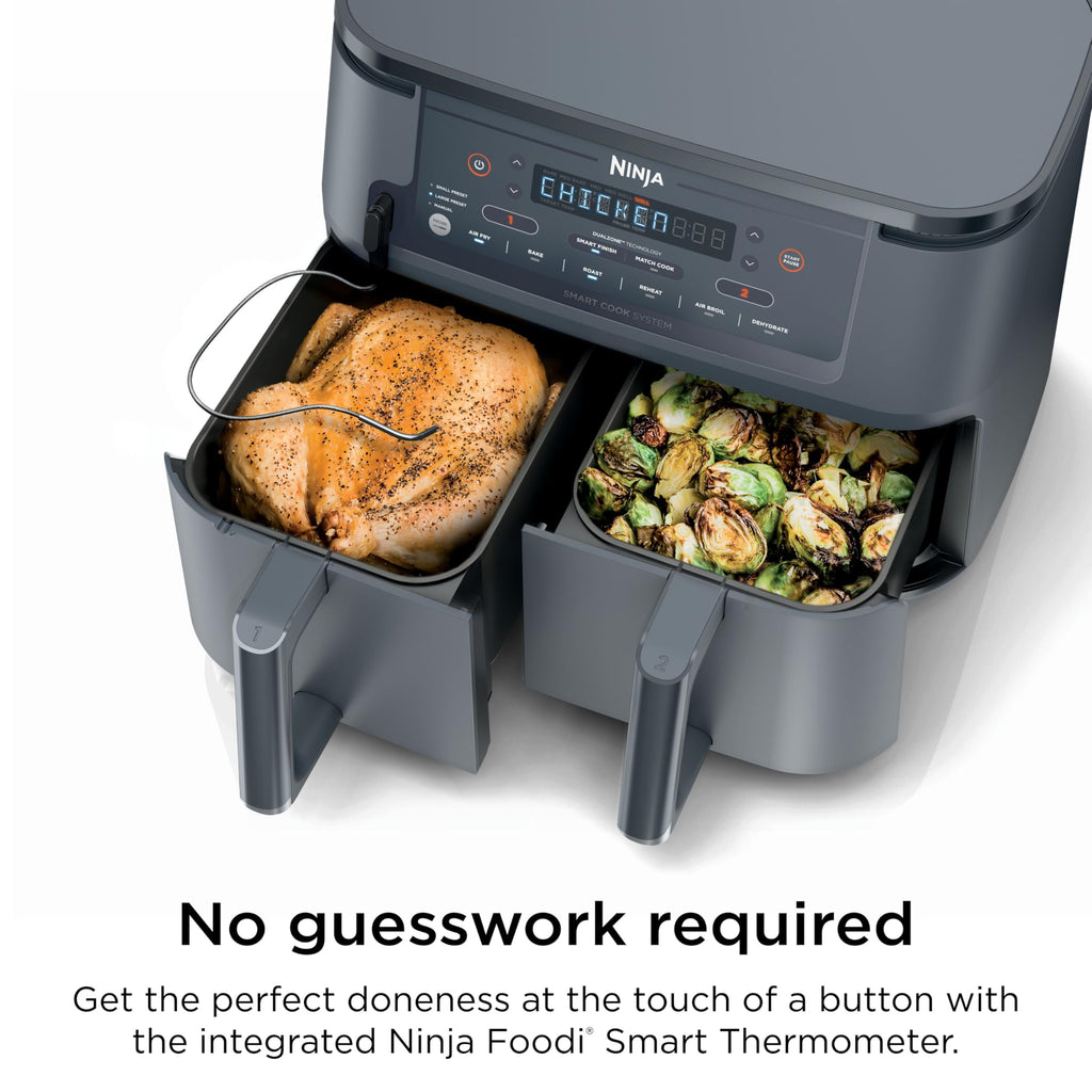 Ninja DZ550 Foodi 10 QT 6-in-1 DualZone Smart XL Air Fryer with 2 Independent Baskets, Smart Cook Thermometer for Perfect Doneness, Match Cook & Smart Finish to Roast, Dehydrate & More, Grey