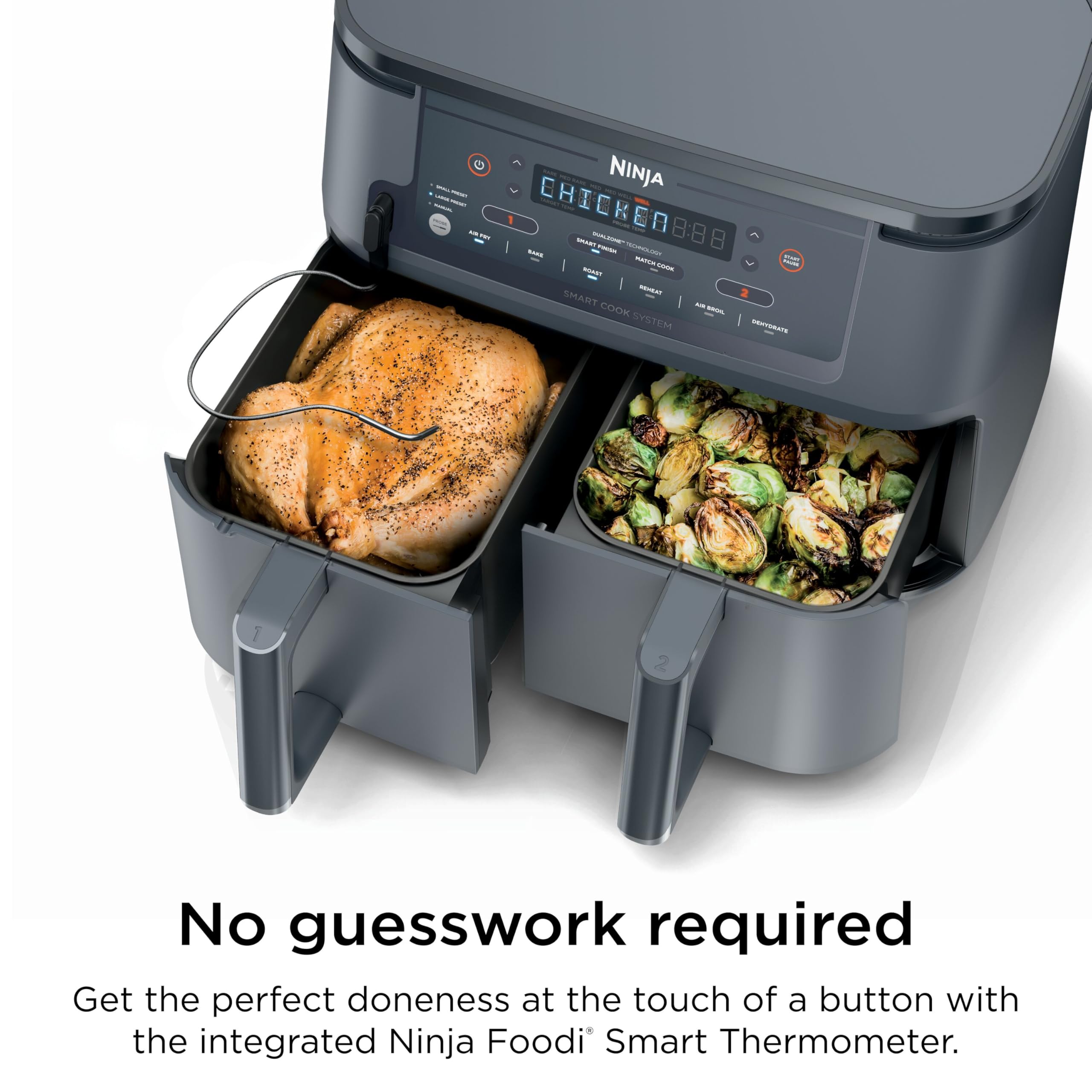 Ninja DZ550 Foodi 10 QT 6-in-1 DualZone Smart XL Air Fryer with 2 Independent Baskets, Smart Cook Thermometer for Perfect Doneness, Match Cook & Smart Finish to Roast, Dehydrate & More, Grey