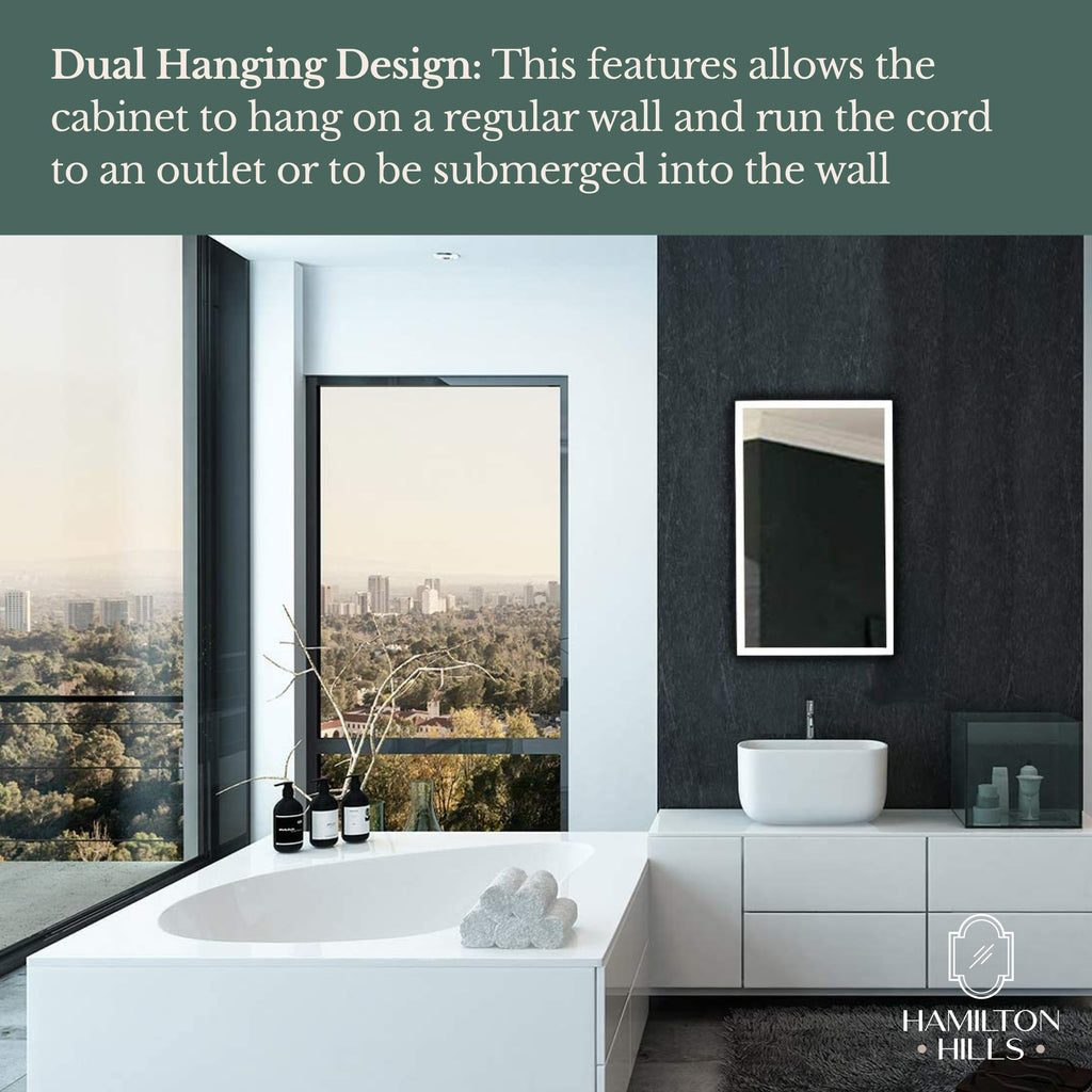 Hamilton Hills Bathroom Mirror with Storage - Wall Mounted Medicine Cabinet with 4 Glass Shelves and LED Backlighting - Modern Rectangular Organizer for Bathroom Décor 16 x 26 Inch - White